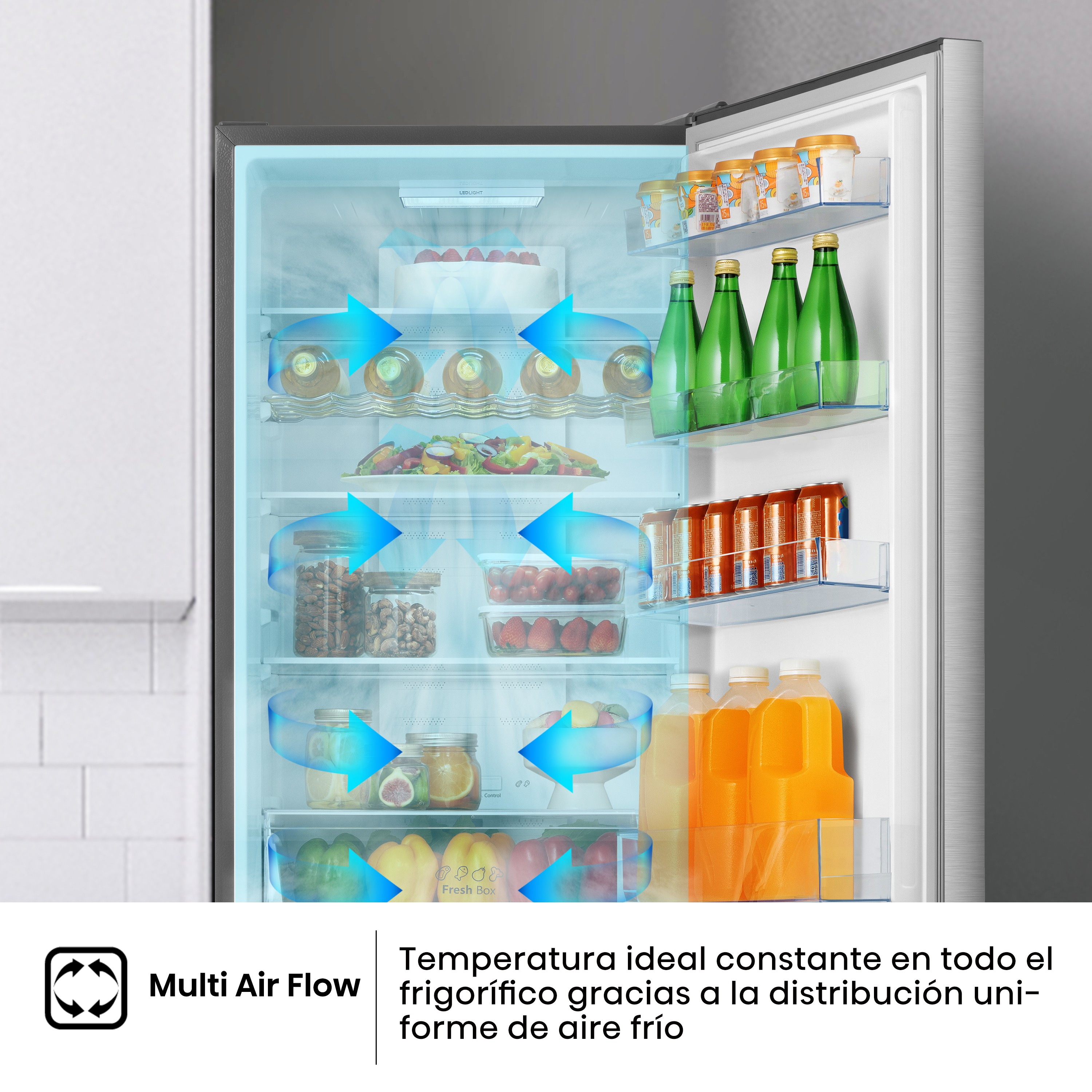 Un refrigerador muestra la función Multi Air Flow con flechas que indican la circulación del aire en el interior.