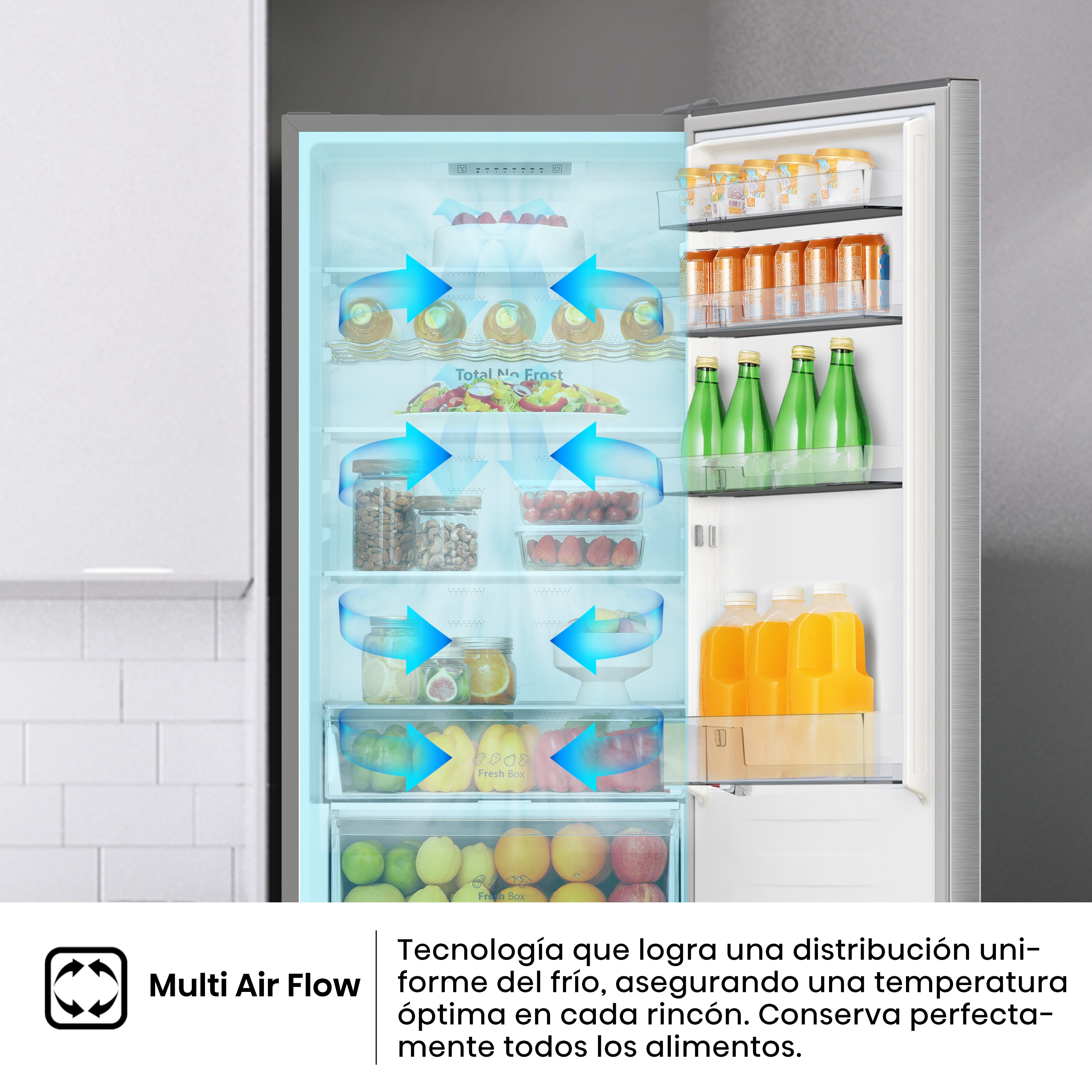 Interior del refrigerador con alimentos, flechas azules muestran circulación de aire. Texto: Multi Air Flow.