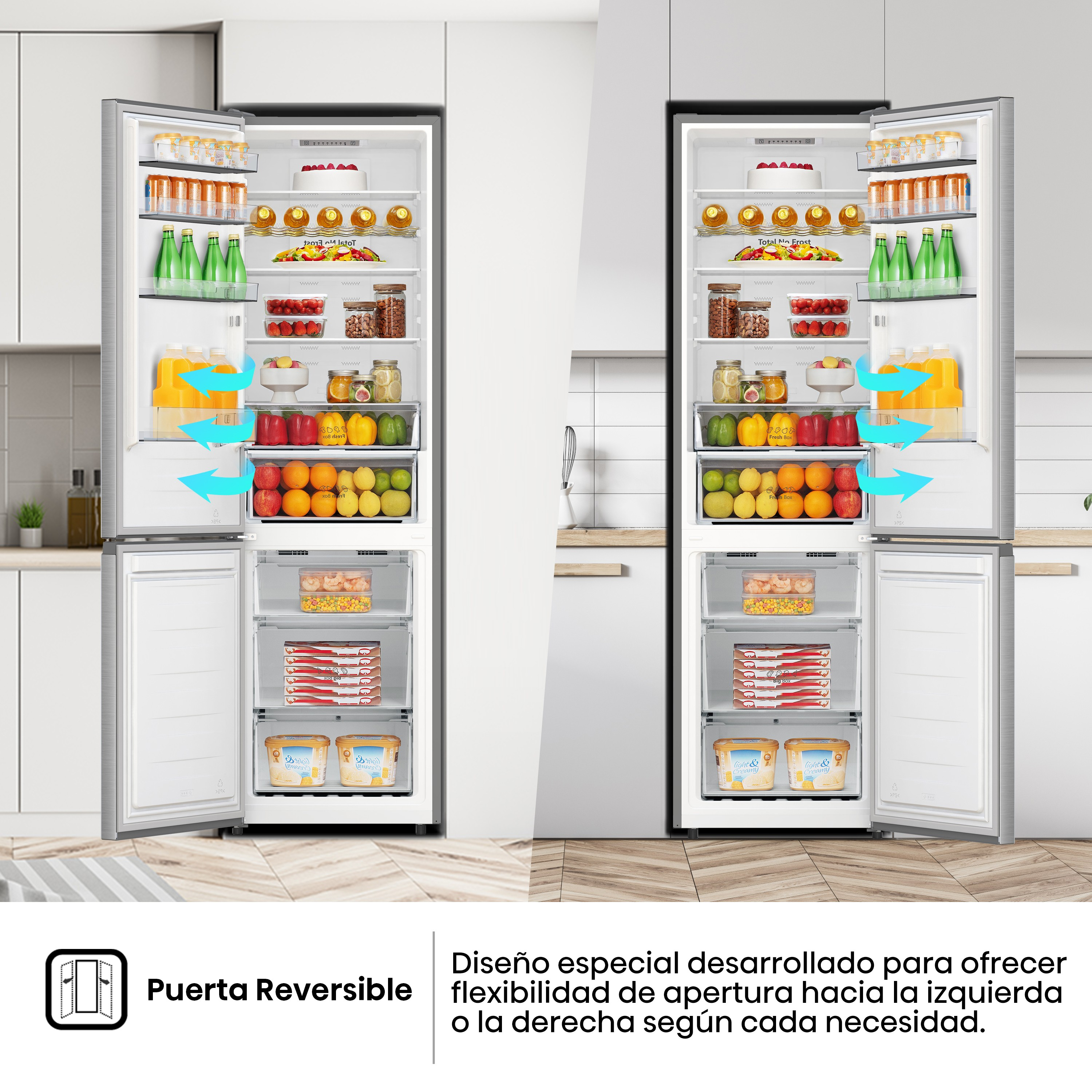 Refrigerador de doble puerta, puertas abiertas. Texto: Puerta reversible. Flexibilidad de apertura izquierda o derecha.