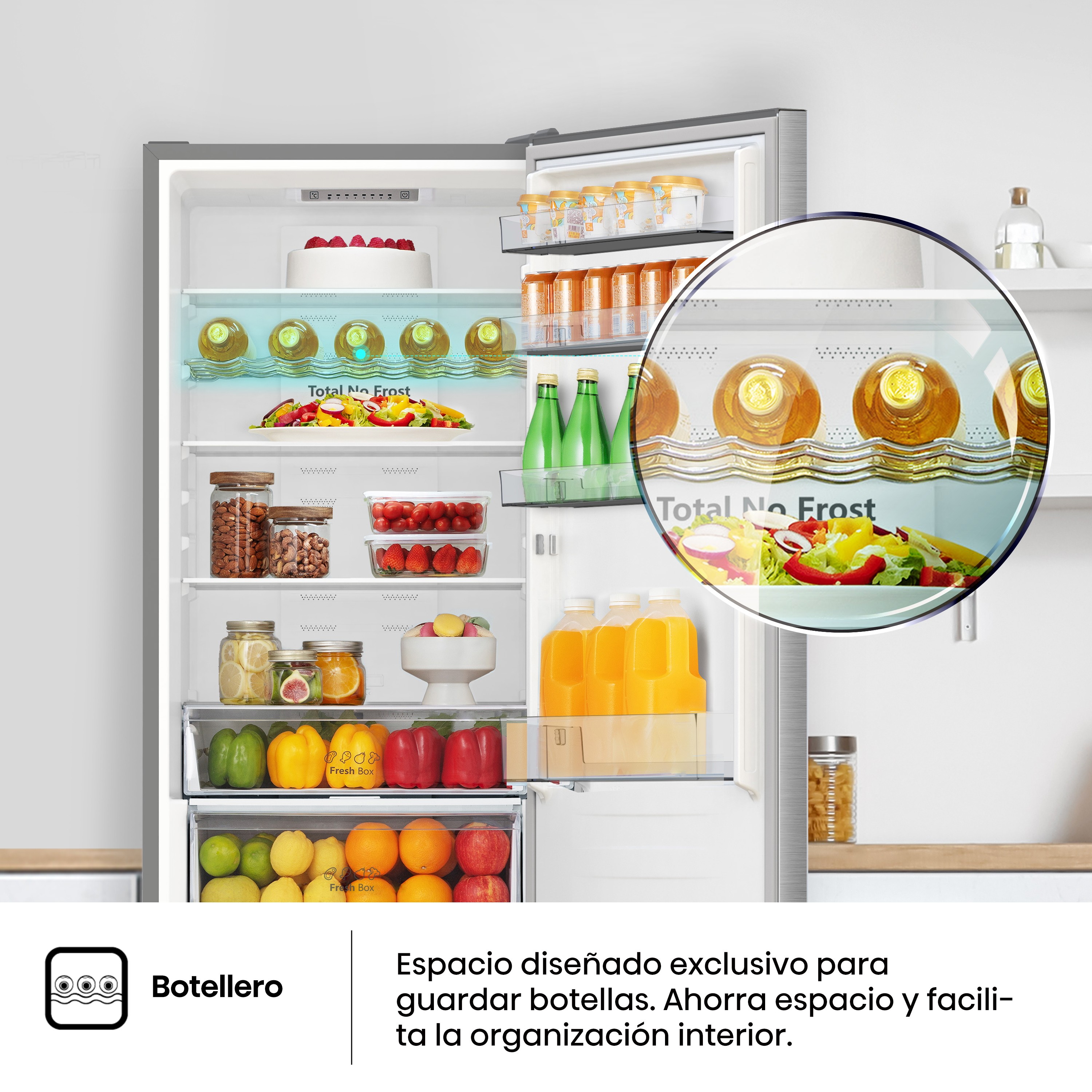 Interior del refrigerador con botellas, área ampliada con botellas. Texto: Botellero.