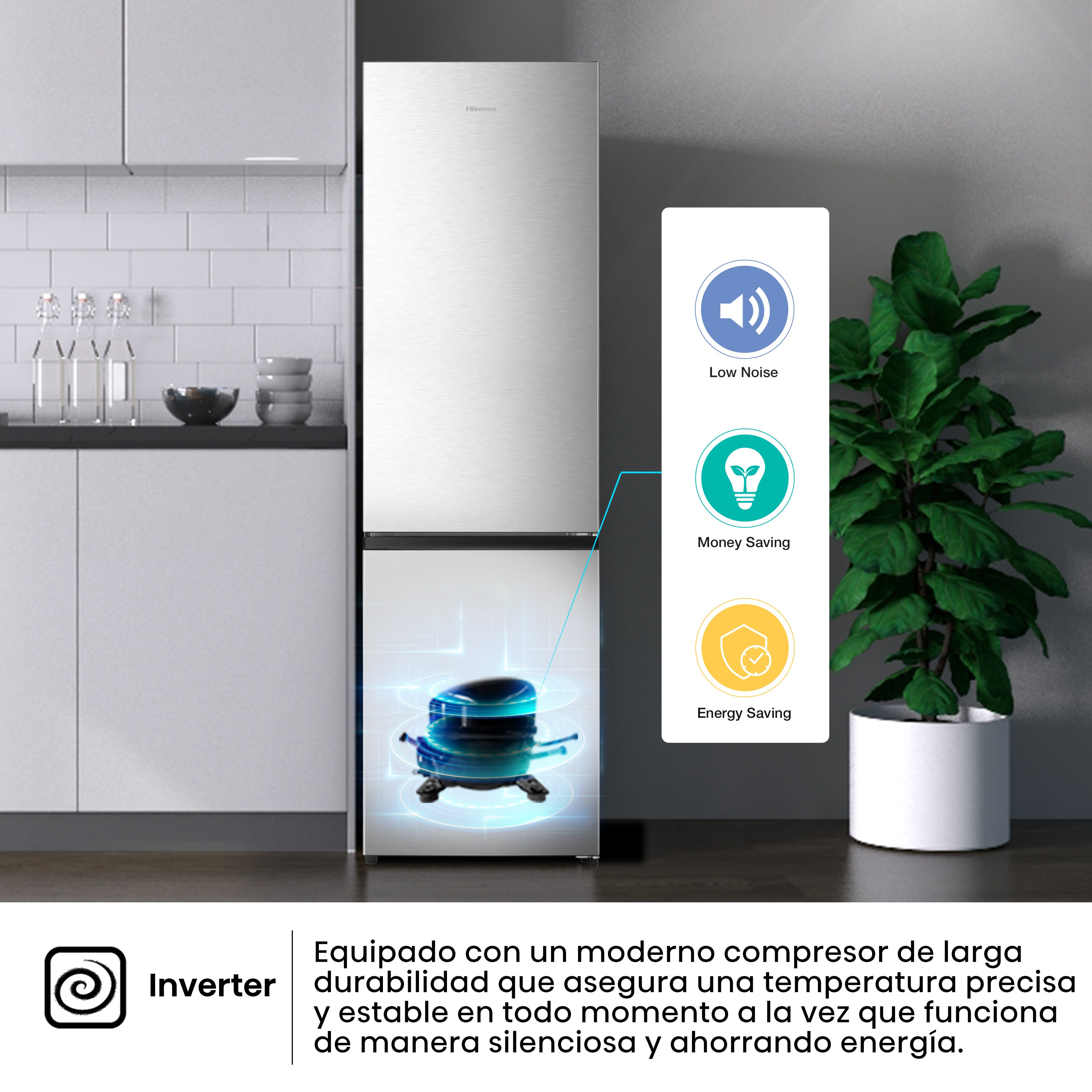 Refrigerador con ilustración de compresor y texto: Inverter. Ahorro de energía y funcionamiento silencioso.