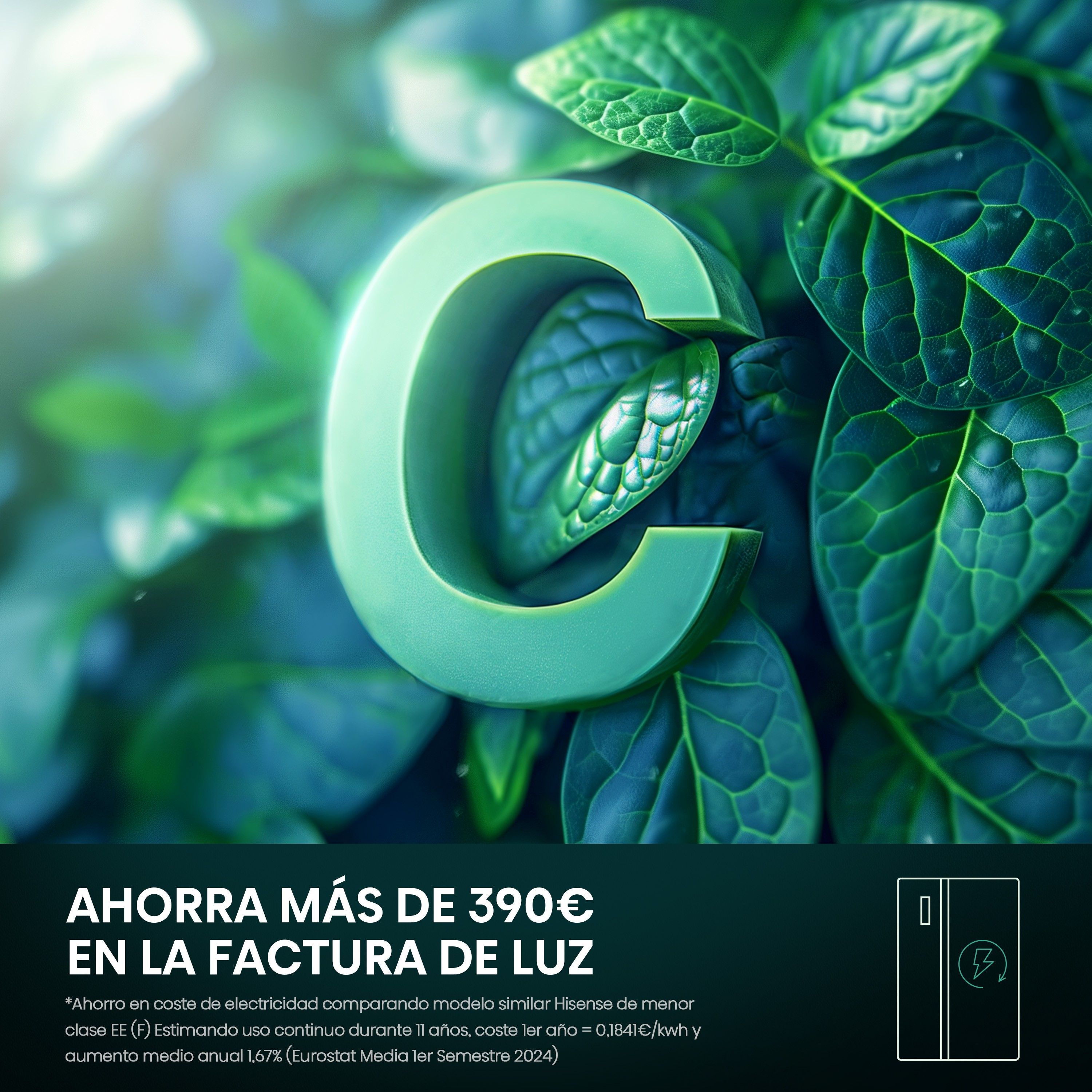 Letra C verde frente a follaje verde, con texto sobre ahorro de energía y factura de electricidad.
