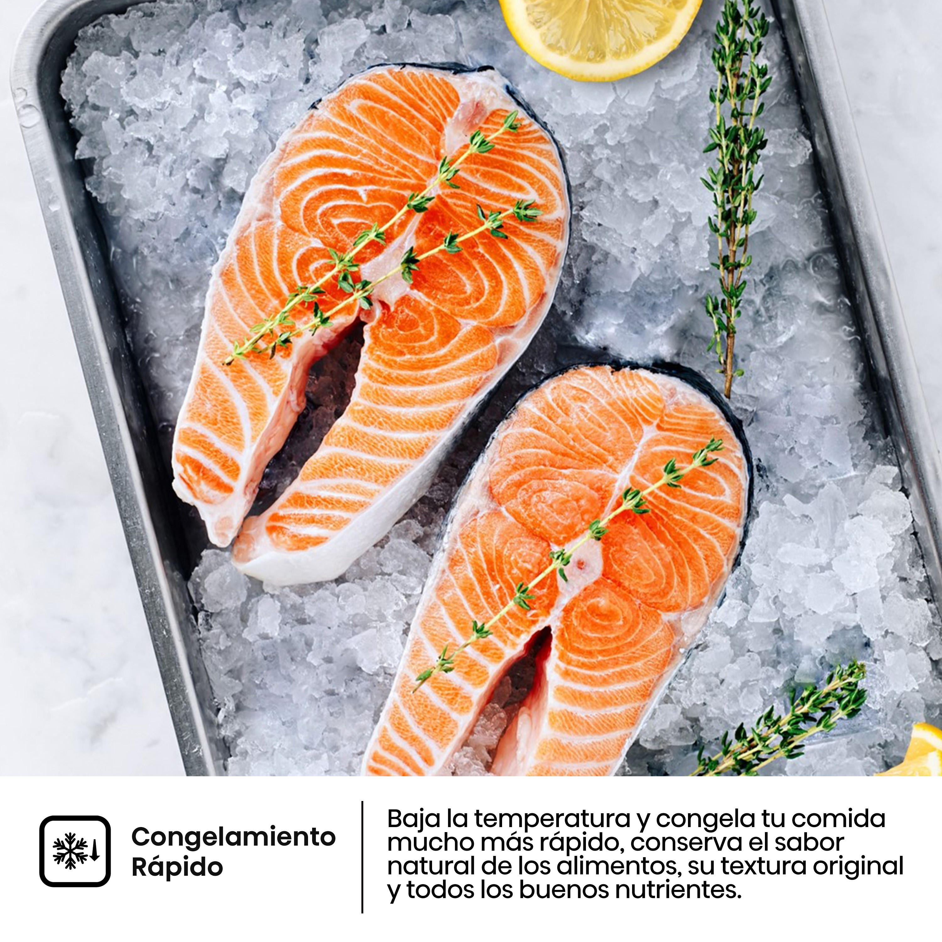Dos filetes de salmón sobre hielo, con ramitas de tomillo, y texto sobre congelación rápida.