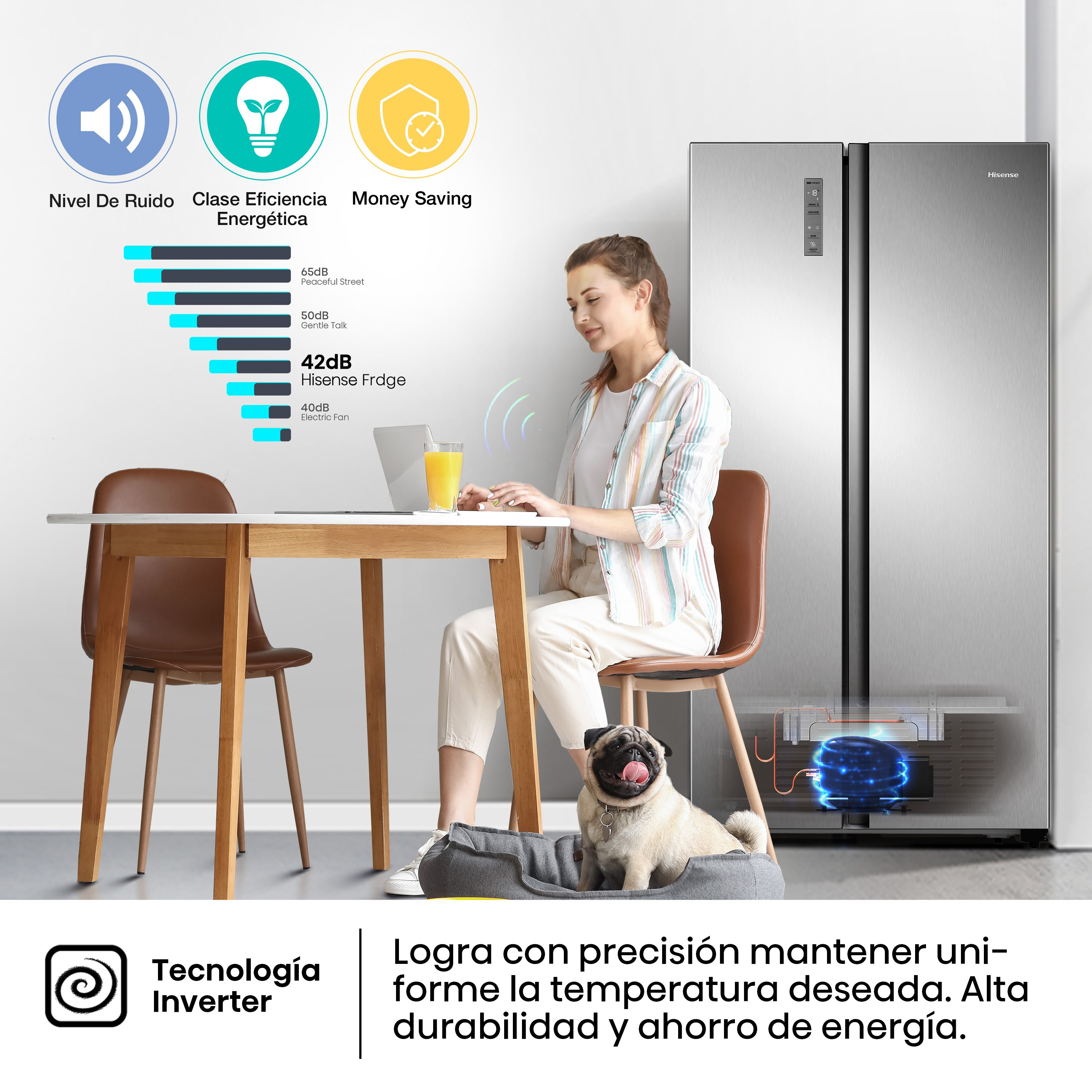 Una mujer y un perro frente a un refrigerador, con texto sobre la tecnología inverter.