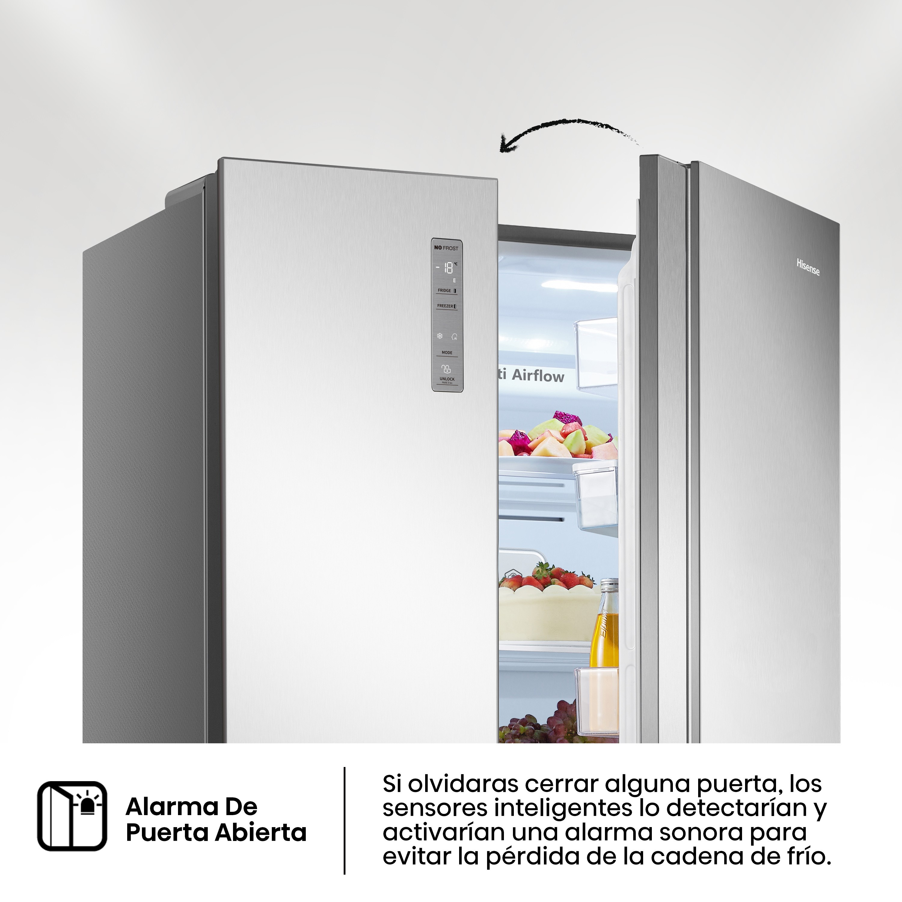 Un refrigerador con la puerta abierta, mostrando un indicador de alarma de puerta abierta.
