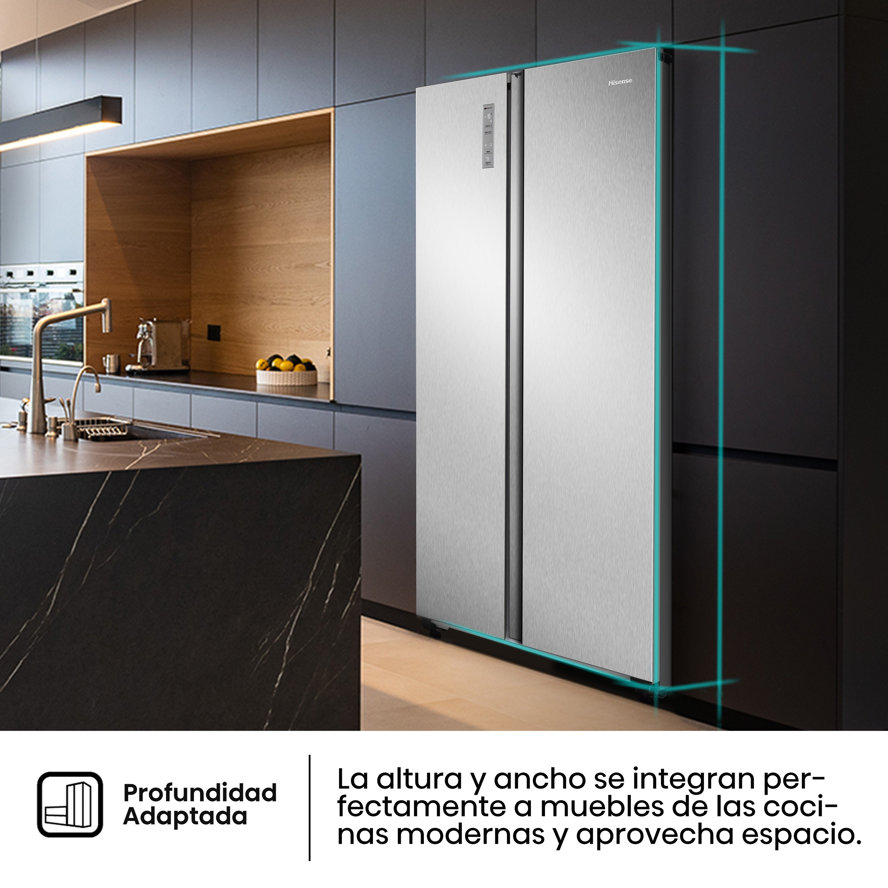 Un refrigerador en una cocina moderna, con texto sobre profundidad adaptada.