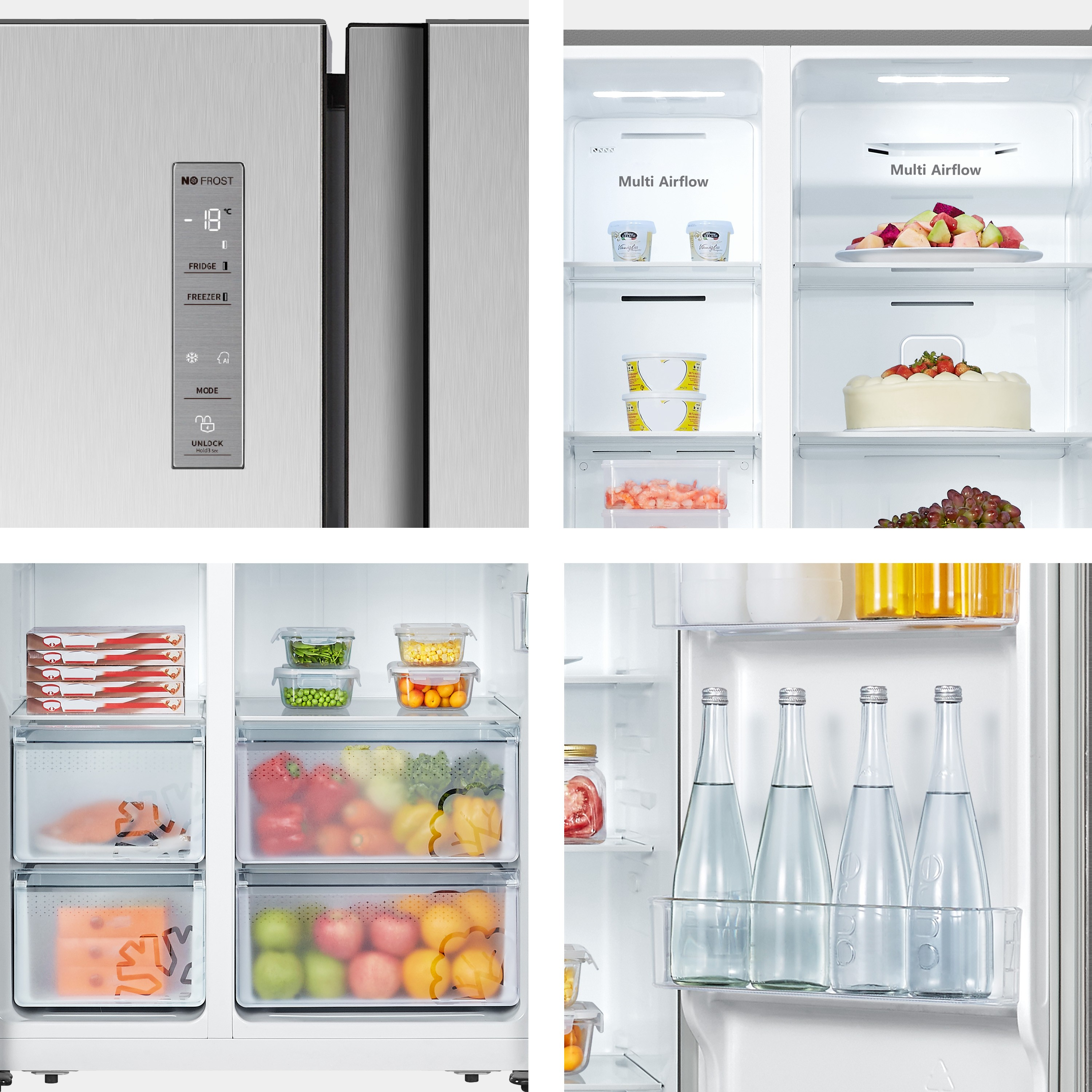 Primer plano de un refrigerador que muestra varios alimentos y elementos de control.