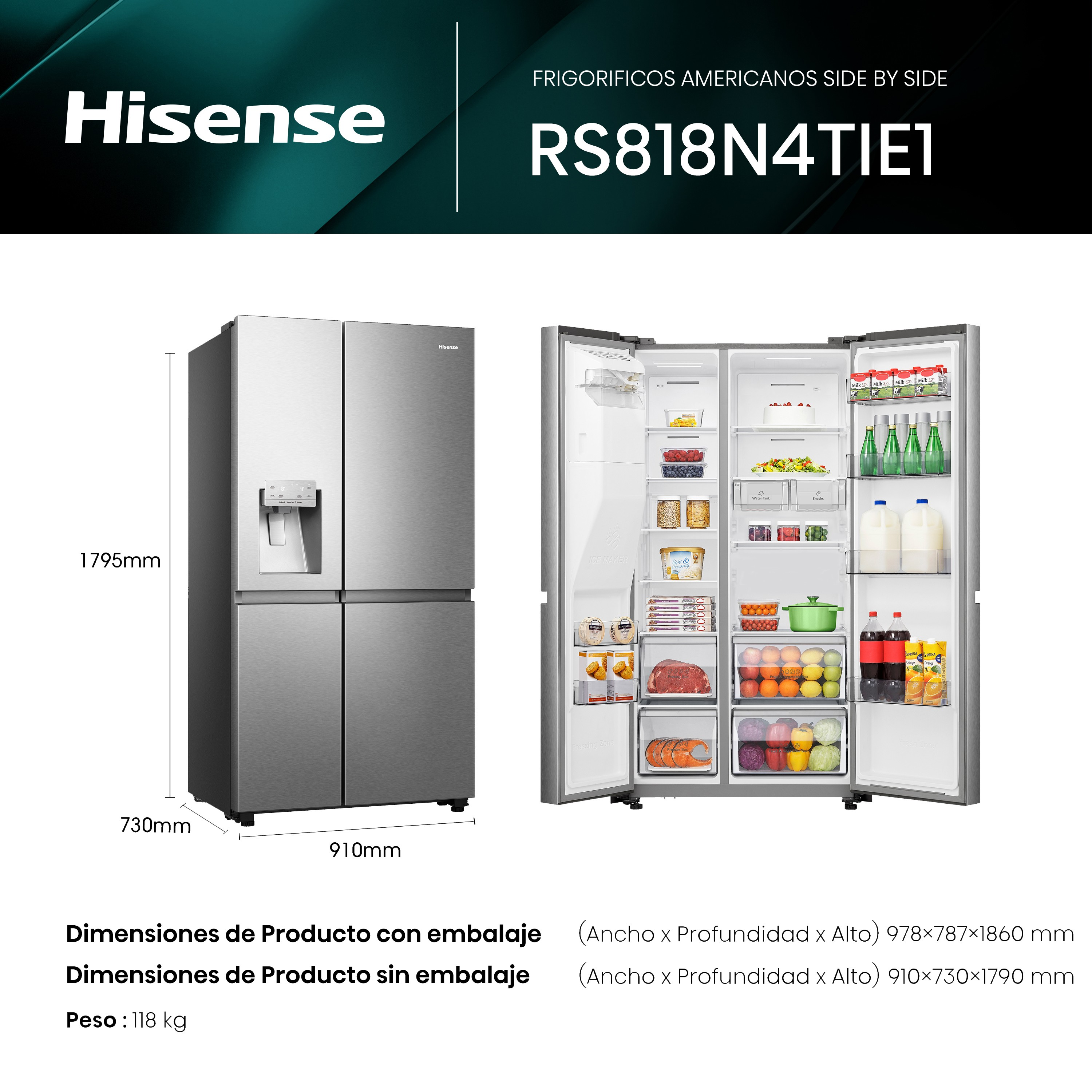 Un refrigerador Hisense plateado, abierto, con dimensiones y vista interior, lleno de alimentos.