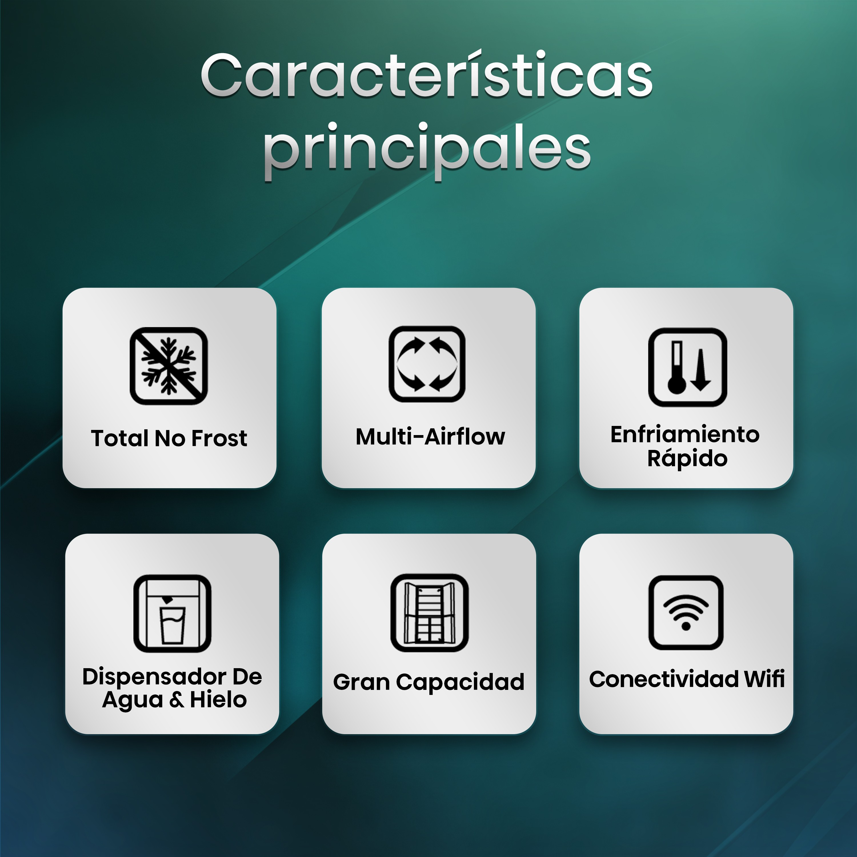 Iconos para Total No Frost, Multi-Airflow, Enfriamiento Rápido, Dispensador de Agua, Gran Capacidad y Wifi.