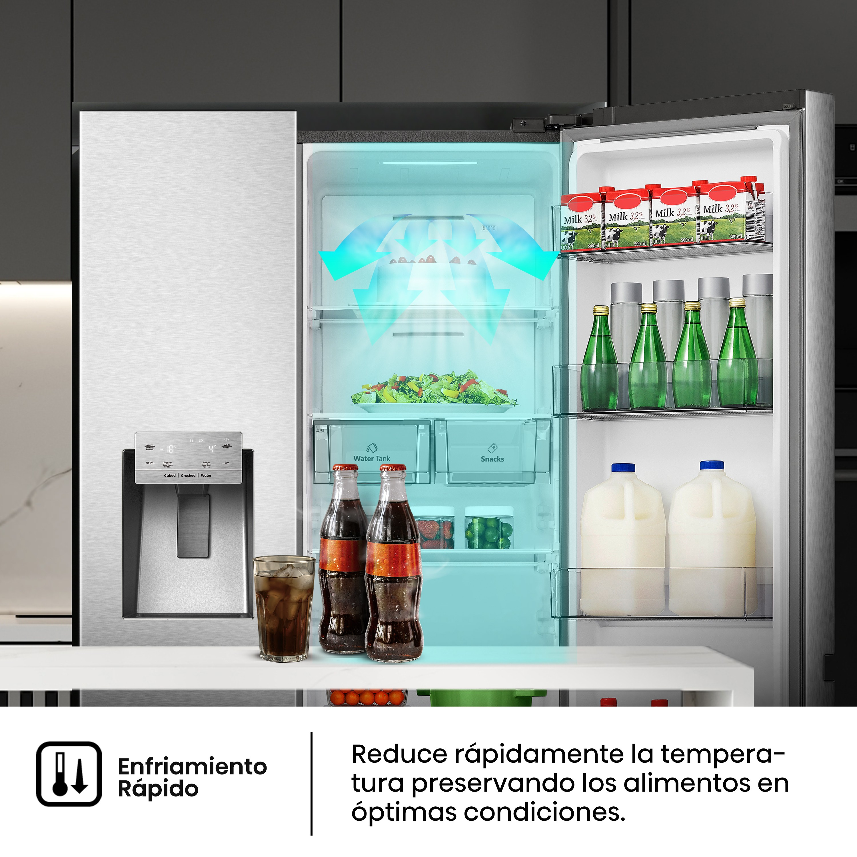 Refrigerador, mostrando Enfriamiento Rápido, con bebidas y alimentos adentro.