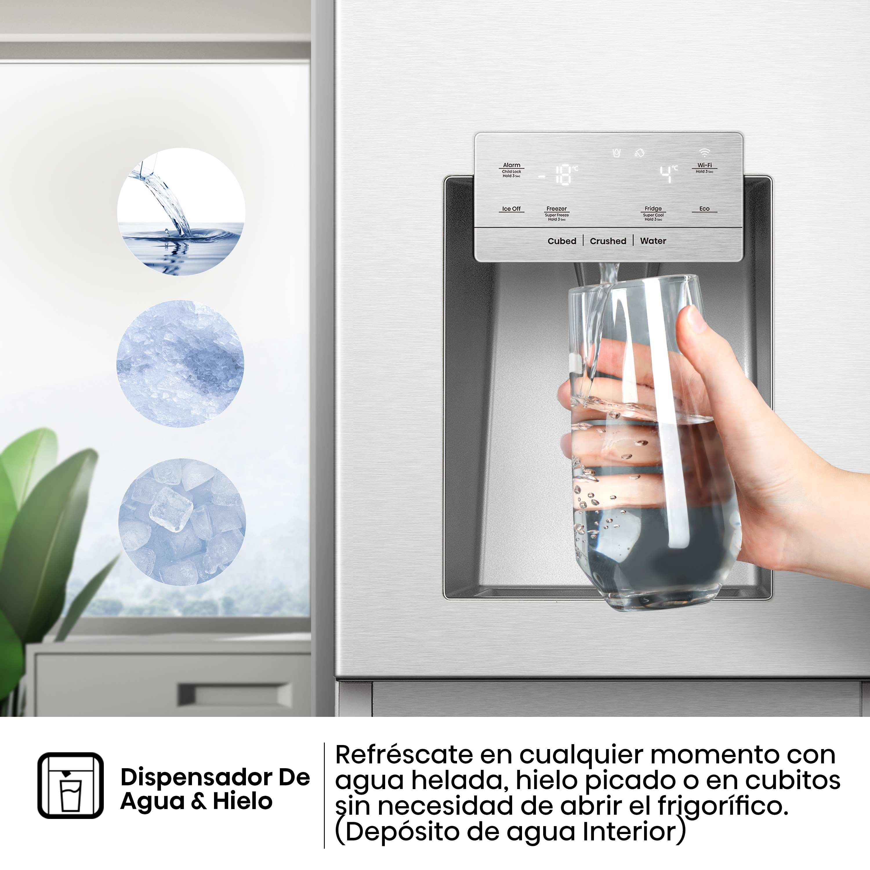 Mano sosteniendo vaso con agua, iconos de dispensador de hielo y agua en refrigerador.