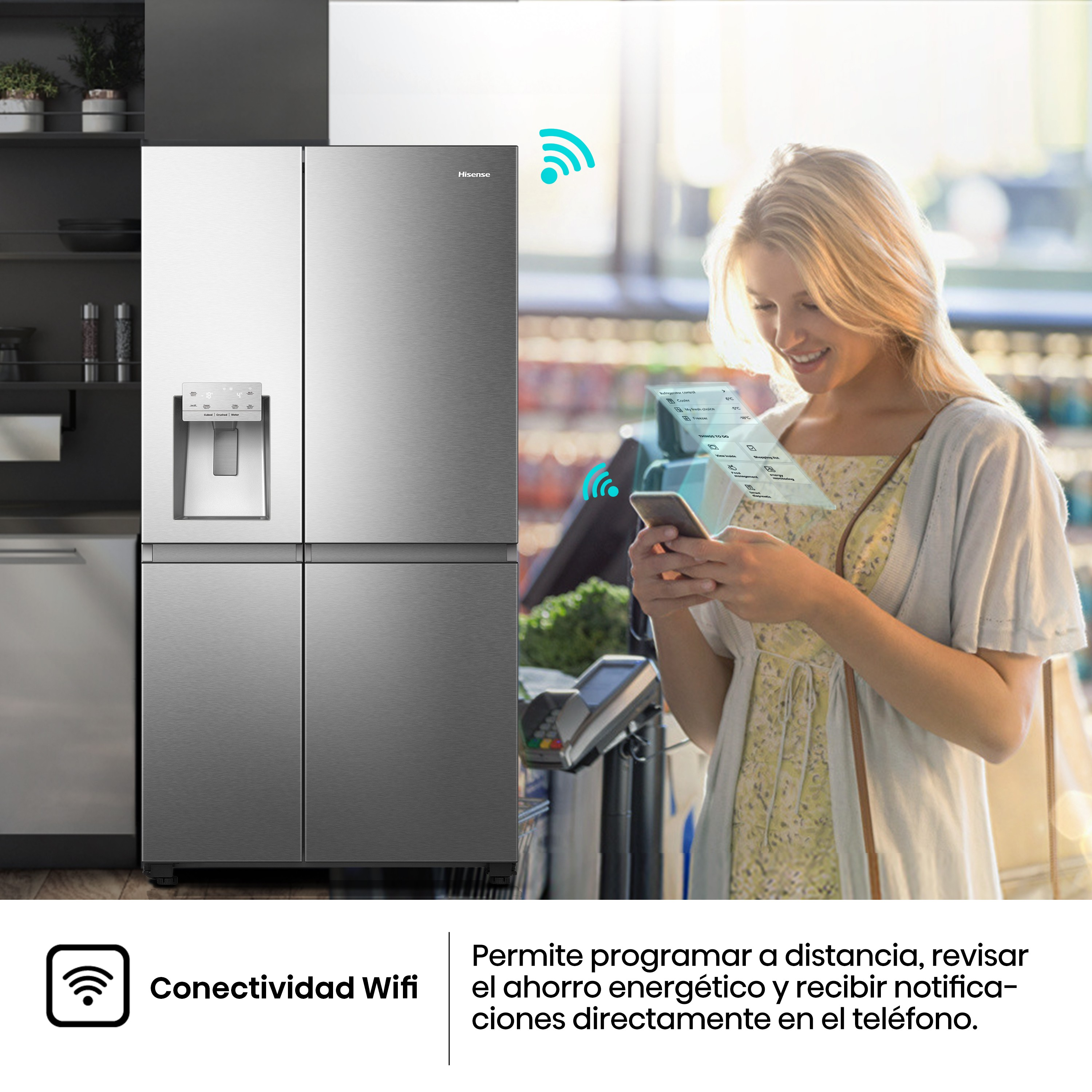 Mujer usando smartphone frente a un refrigerador con Wi-Fi, mostrando control remoto.