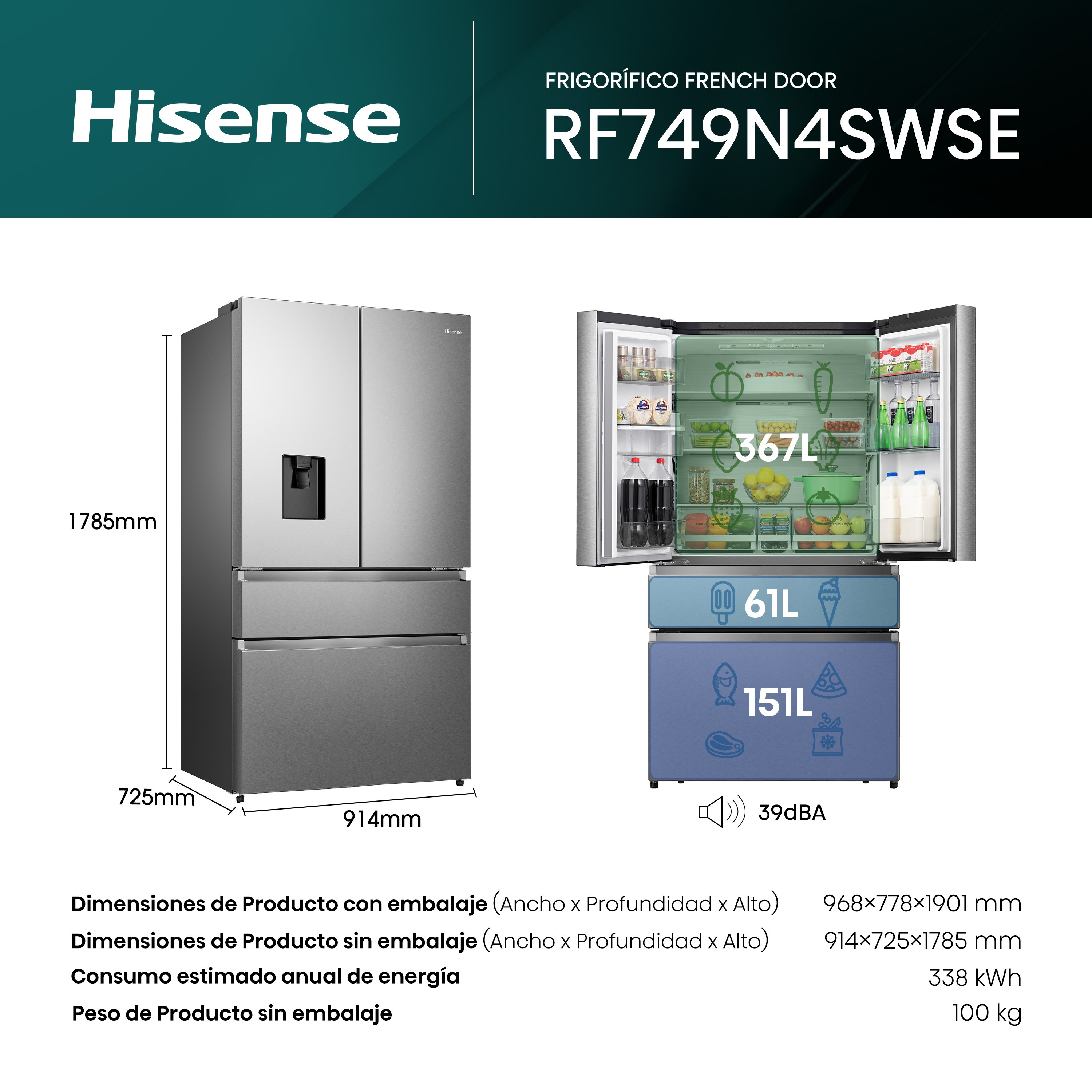 Refrigerador de puerta francesa con especificaciones, dimensiones y detalles de consumo de energía.