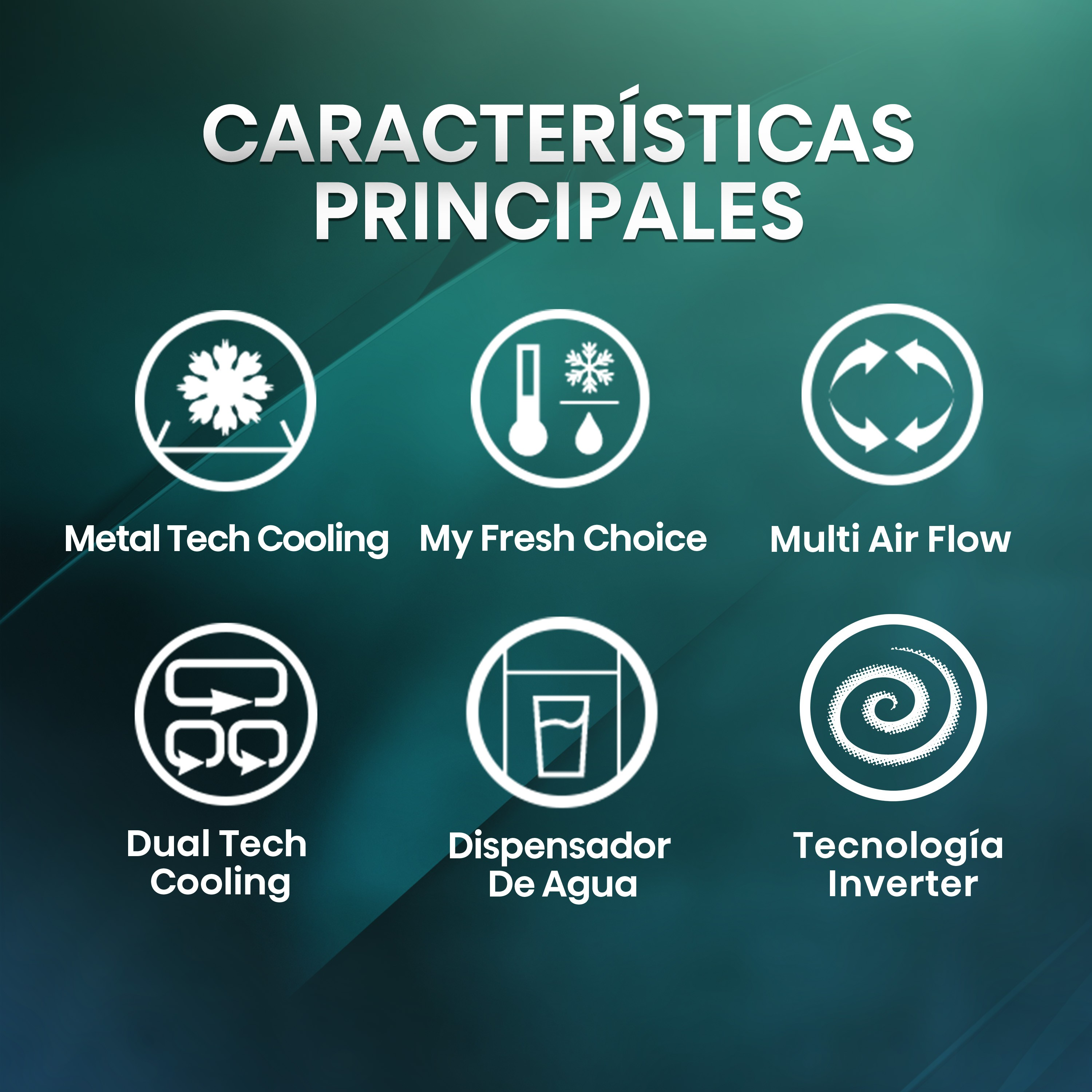 Iconos: Metal Tech Cooling, My Fresh Choice, Multi Air Flow, Dual Tech Cooling, Dispenser De Agua, Tecnología Inverter.