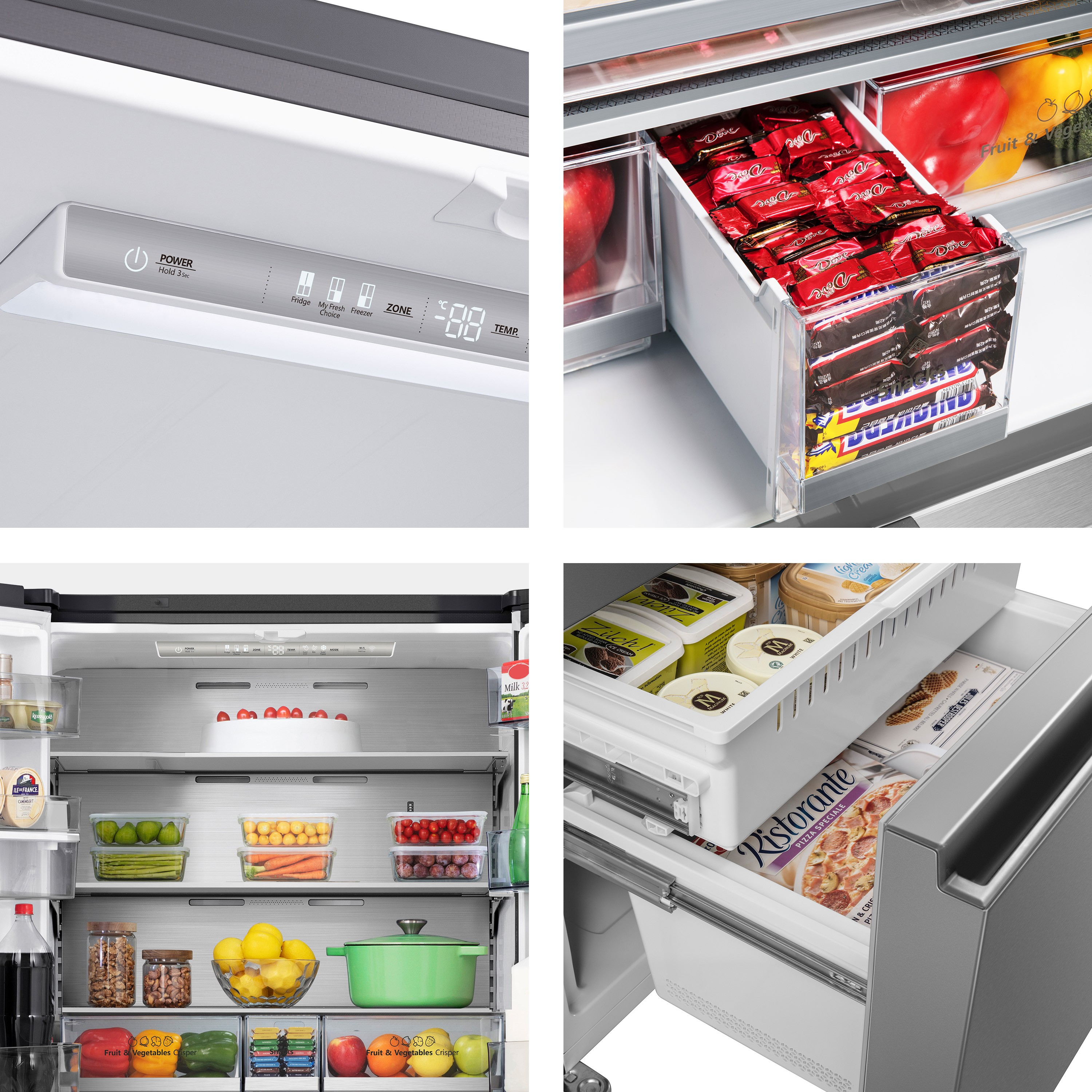 Vistas interiores del refrigerador: panel de control, cajones con alimentos, verduras.
