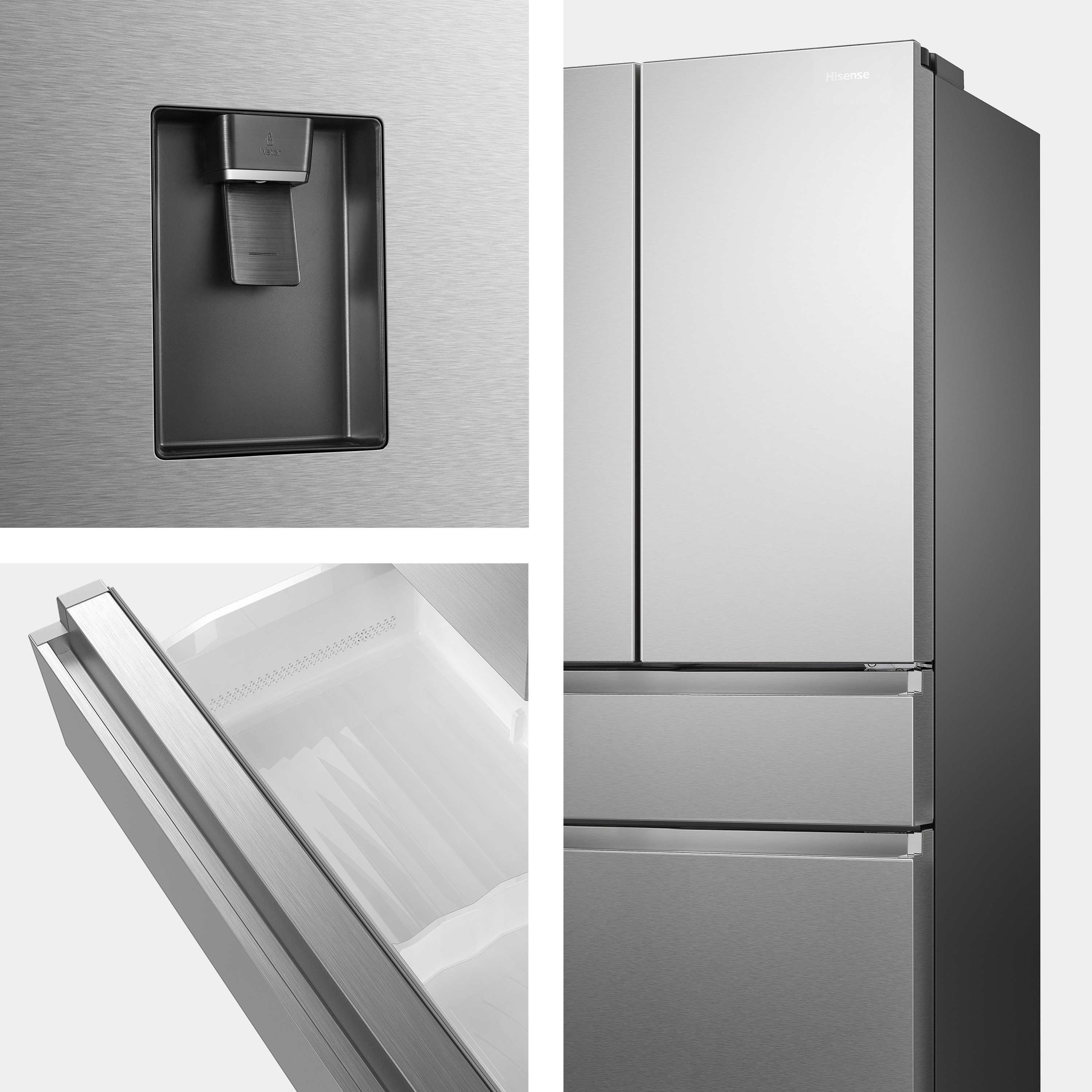 Primeros planos de detalles del refrigerador: dispensador de agua, cajón.