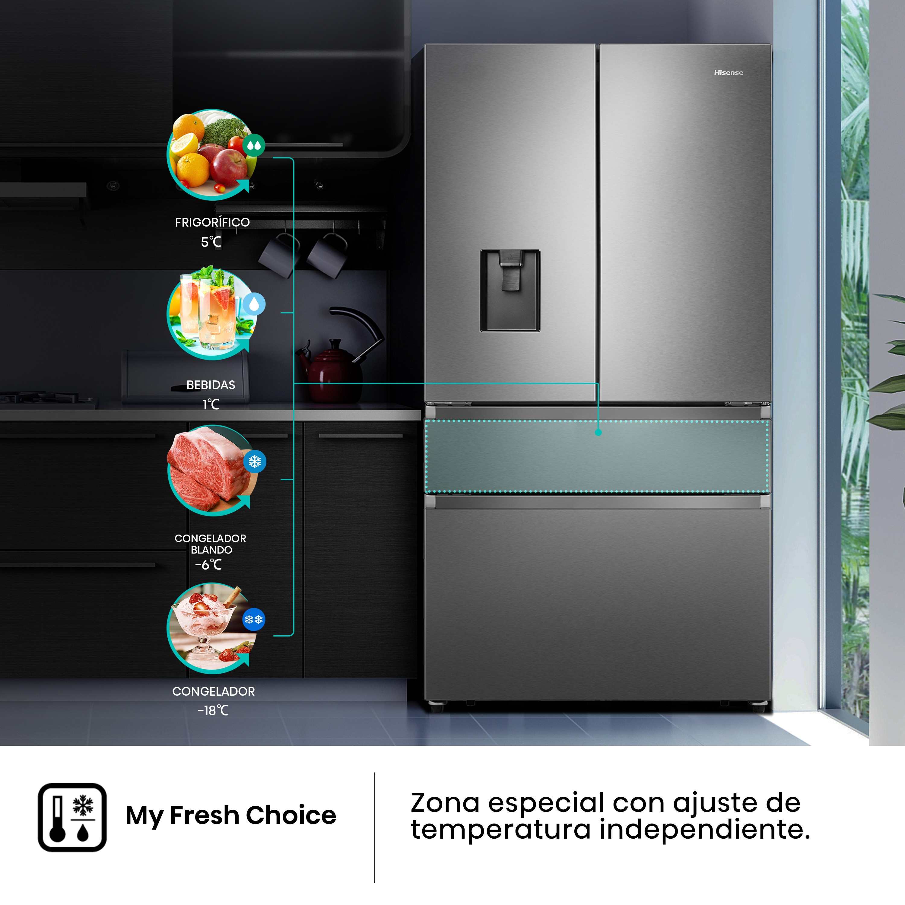 Refrigerador negro con puerta abierta. Se ven alimentos y bebidas en el interior. Indicadores de temperatura.
