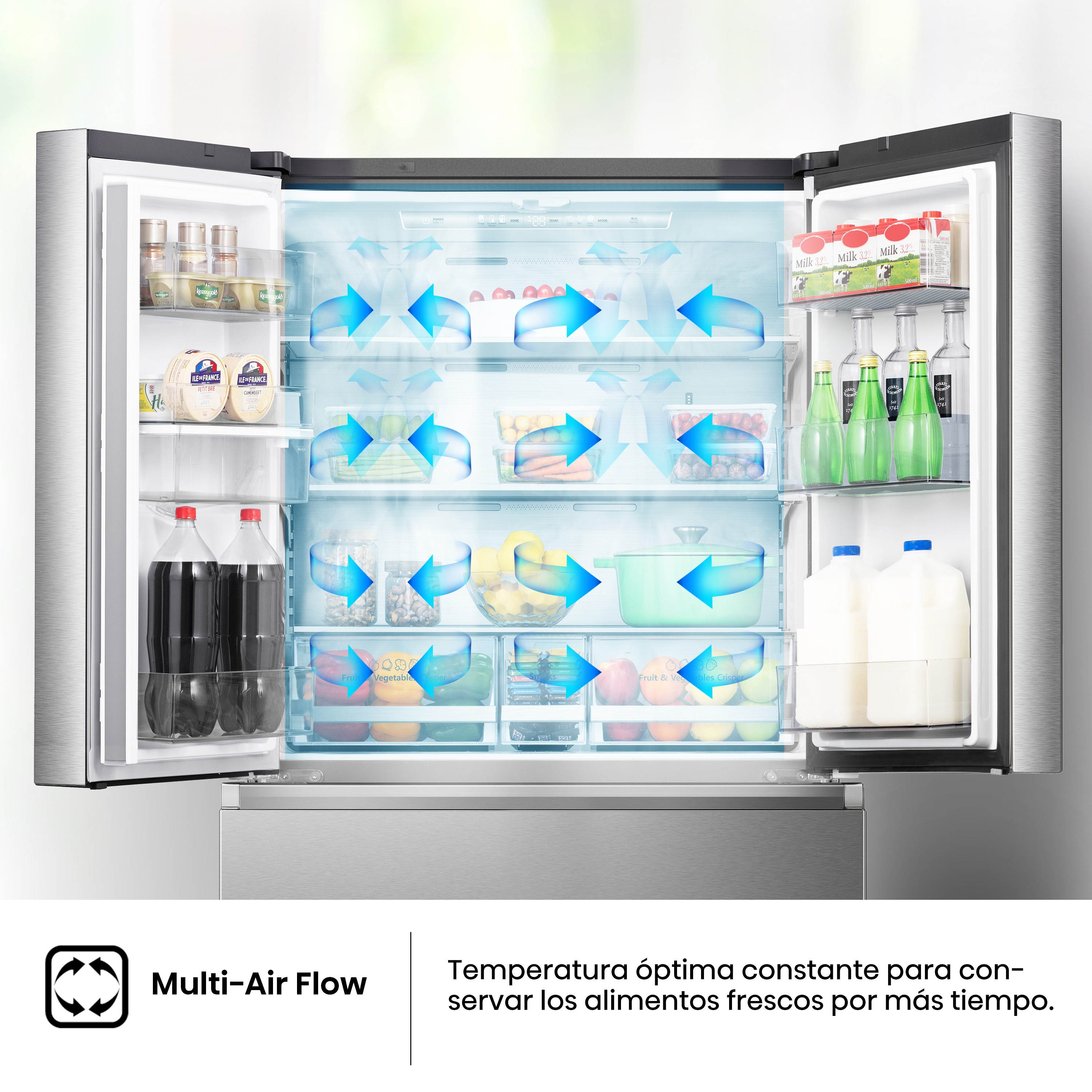 Refrigerador con puertas abiertas, lleno de comida. Flechas azules muestran la circulación del aire. Multi-Air Flow.