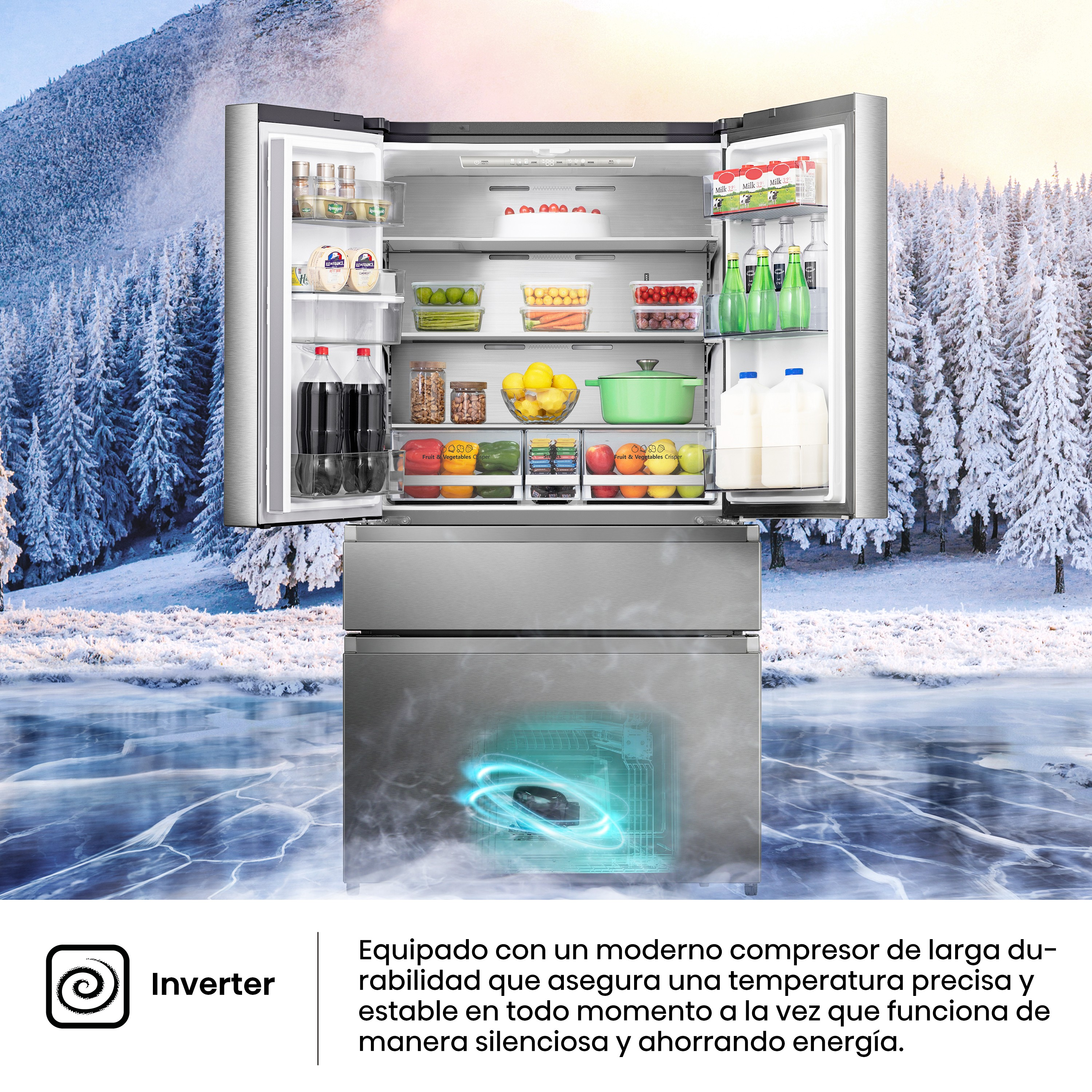 Refrigerador con puertas abiertas frente a un paisaje nevado. Se presenta la tecnología Inverter.