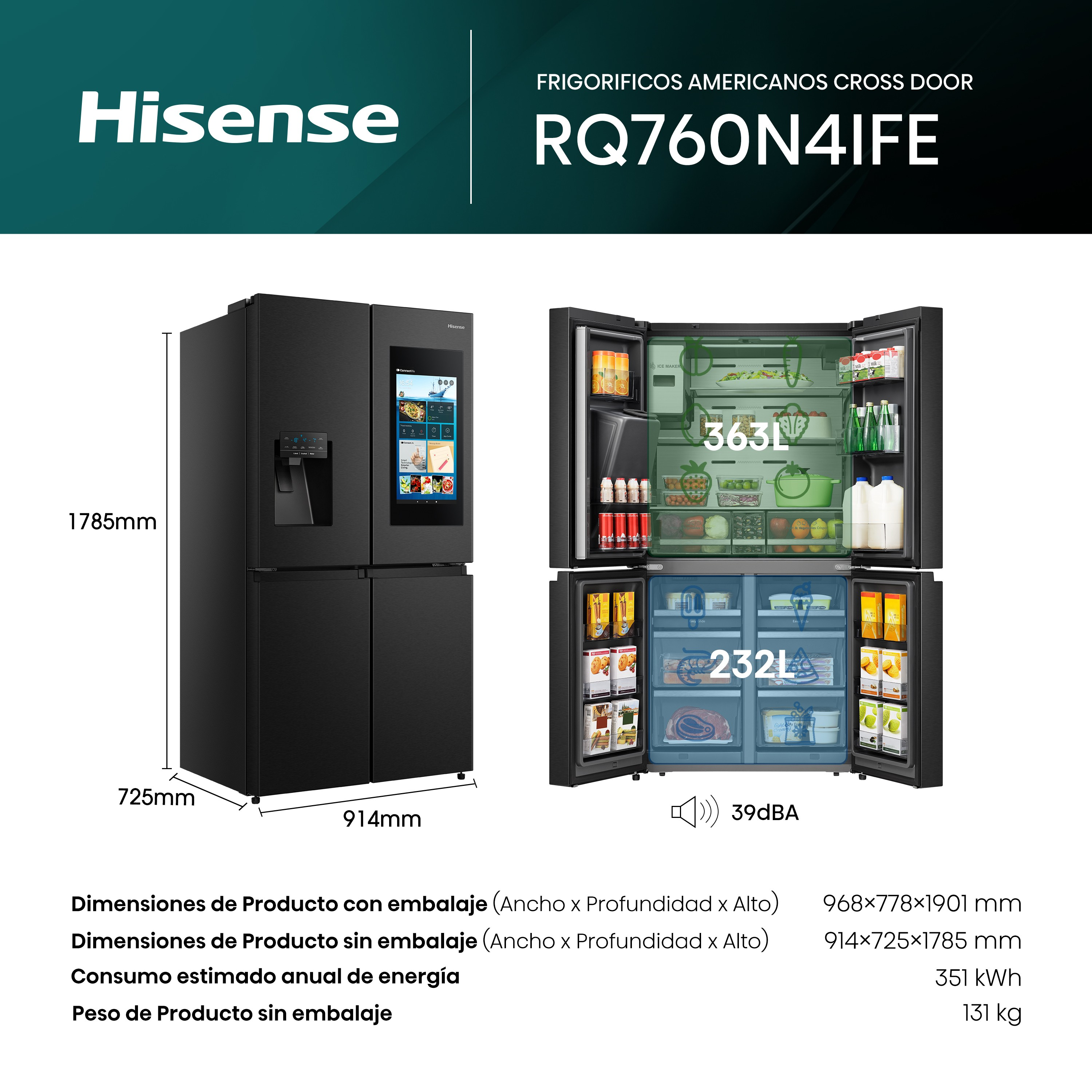 Refrigerador Hisense negro con dimensiones, puertas abiertas, vista interior, capacidad 363L y 232L, 39dBA.