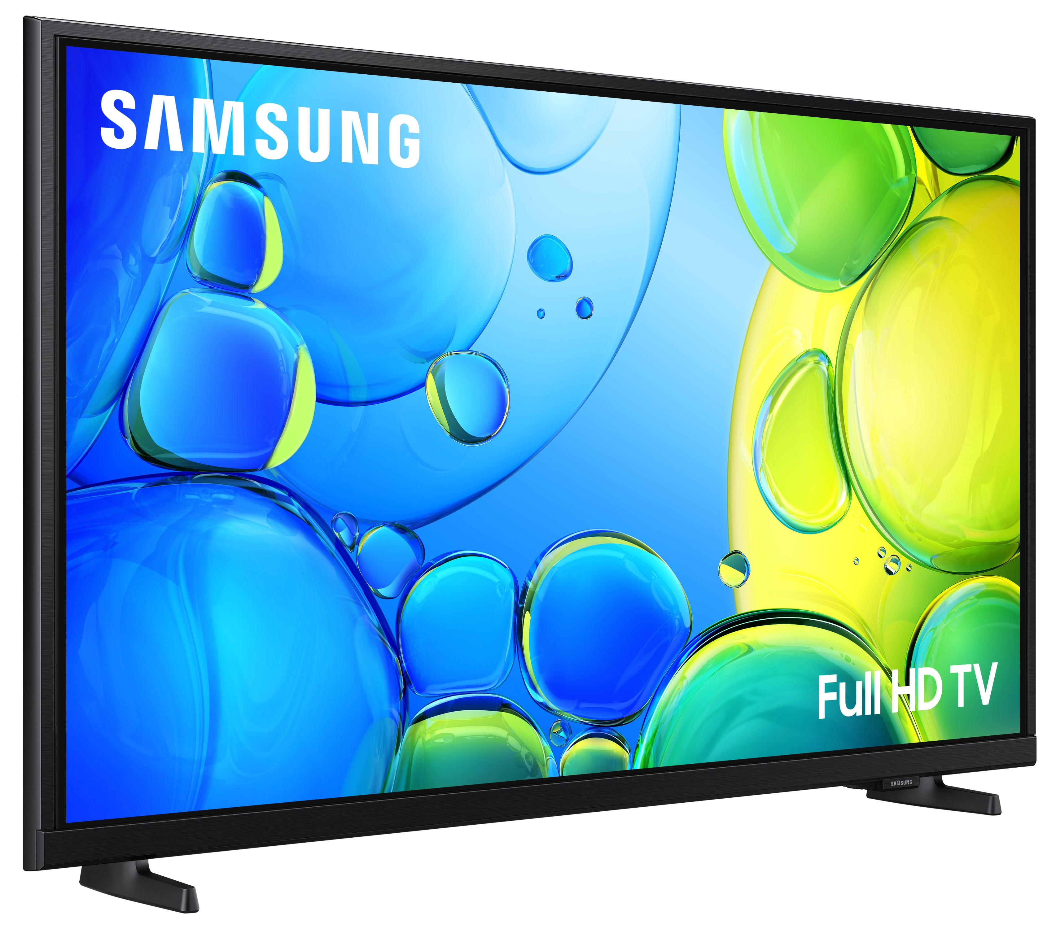 Telewizor Samsung z zielonym i żółtym tłem z bąbelkami. "Full HD TV" jest napisane na dole po prawej.
