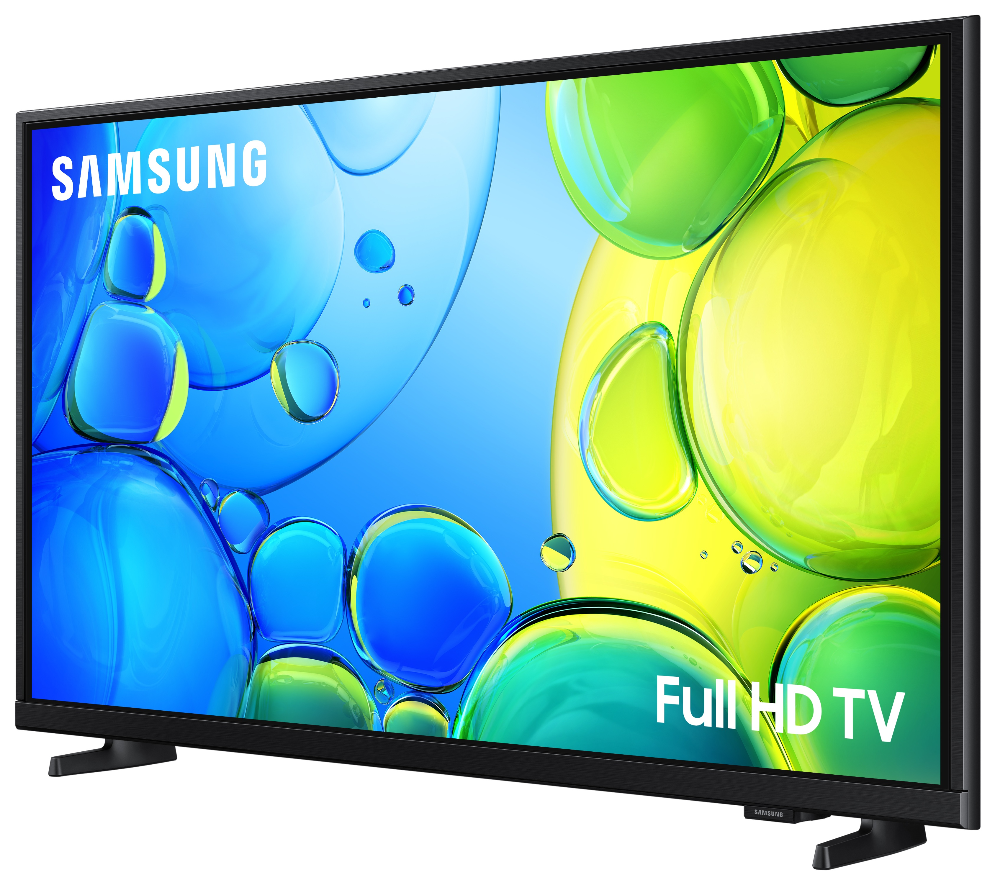 Telewizor Samsung z zielonym i żółtym tłem z bąbelkami. "Full HD TV" jest napisane na dole po prawej.