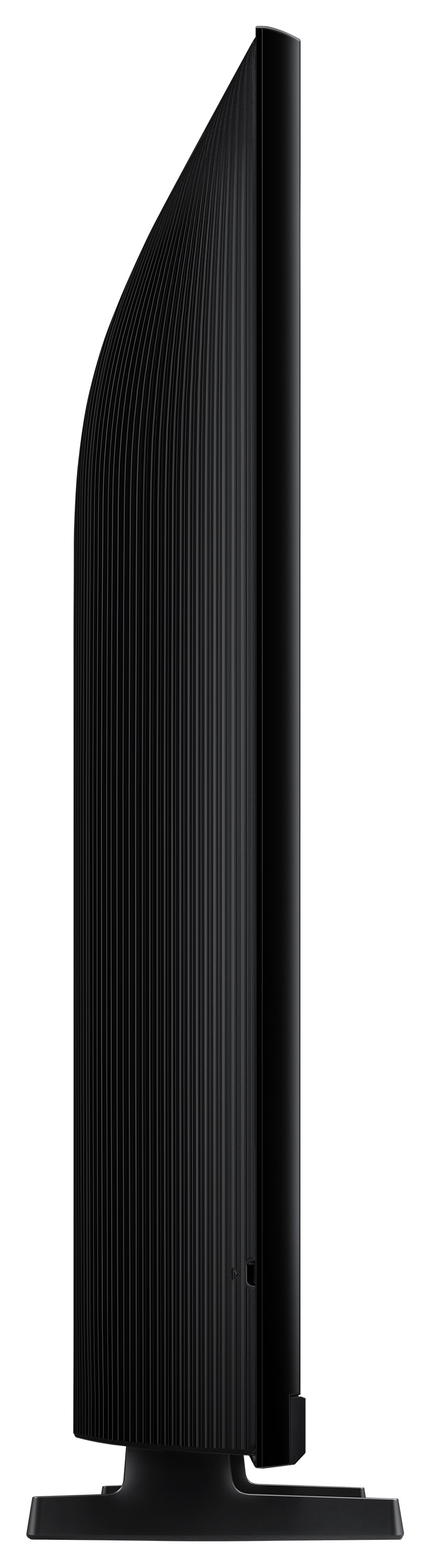 Czarny telewizor, widok z boku, z żebrowaną powierzchnią i podstawą.