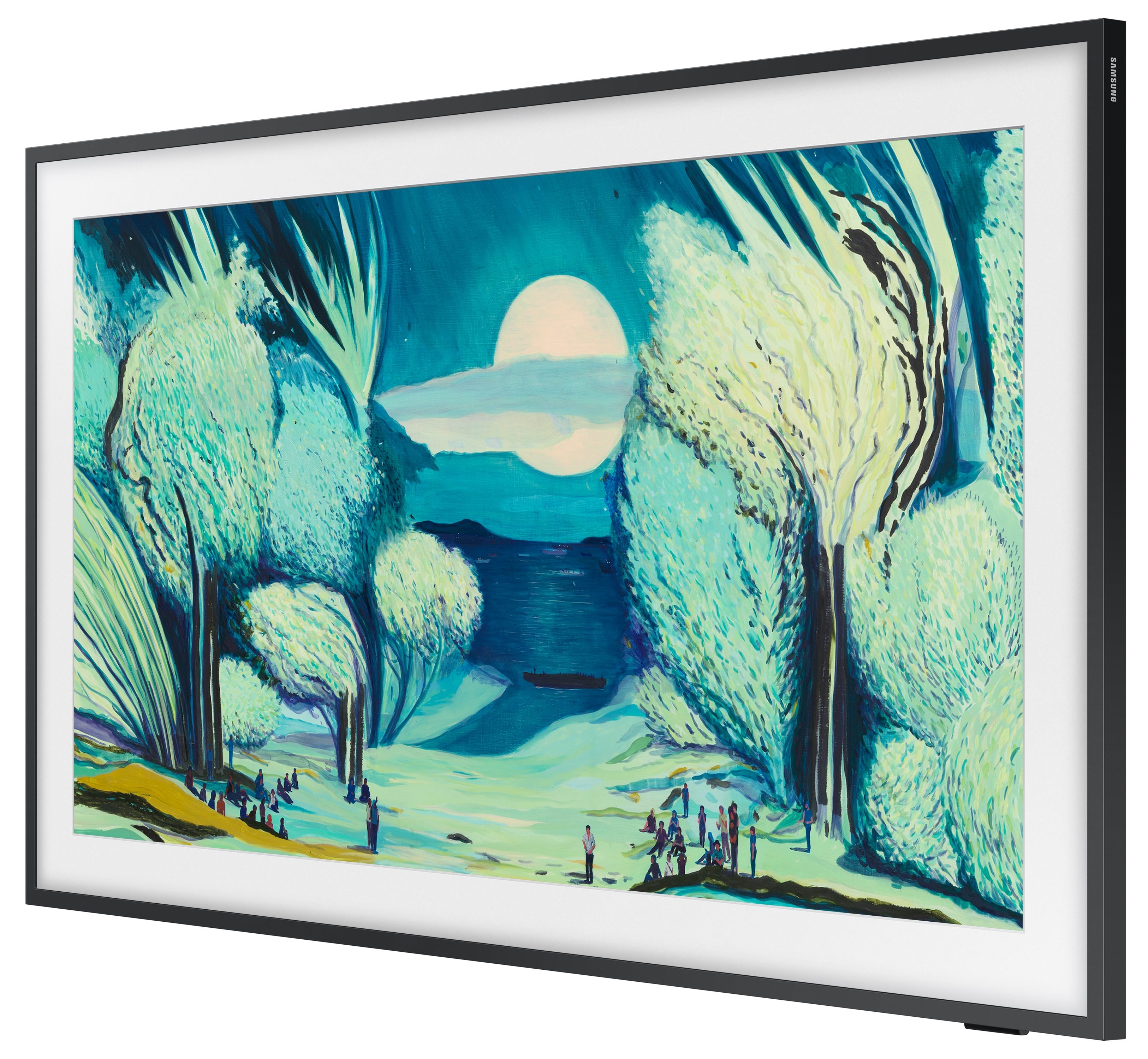 Dzieło sztuki w czarnej ramie przedstawia księżycowy krajobraz z drzewami i postaciami.