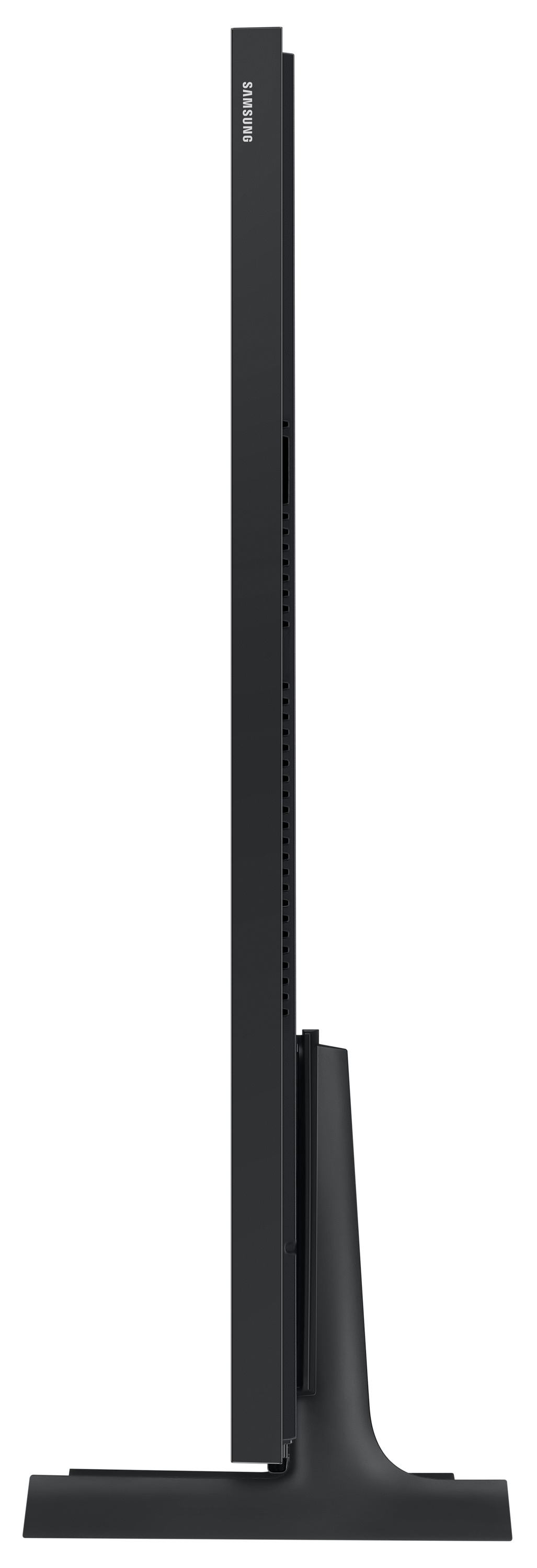 Czarny telewizor z boku, ze stojakiem i logo Samsung.