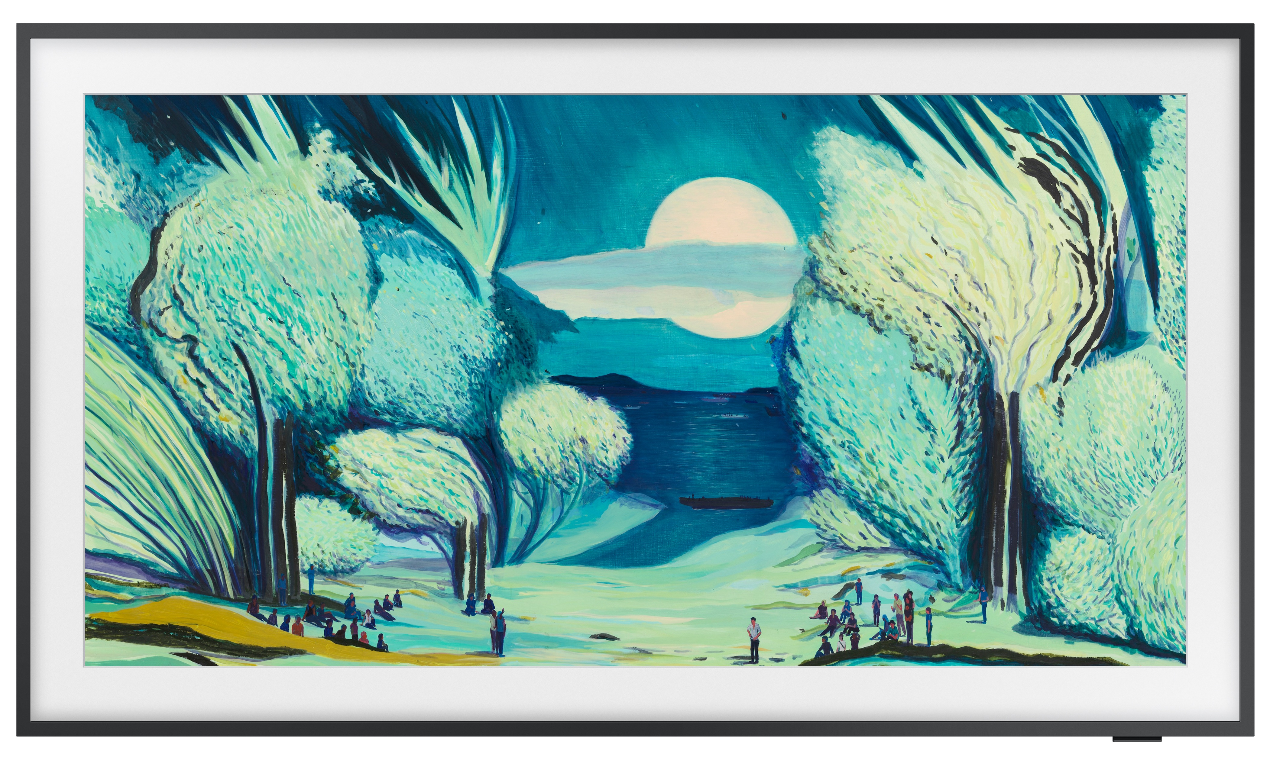 Telewizor wyświetla obraz drzew, postaci i księżyca na niebie.