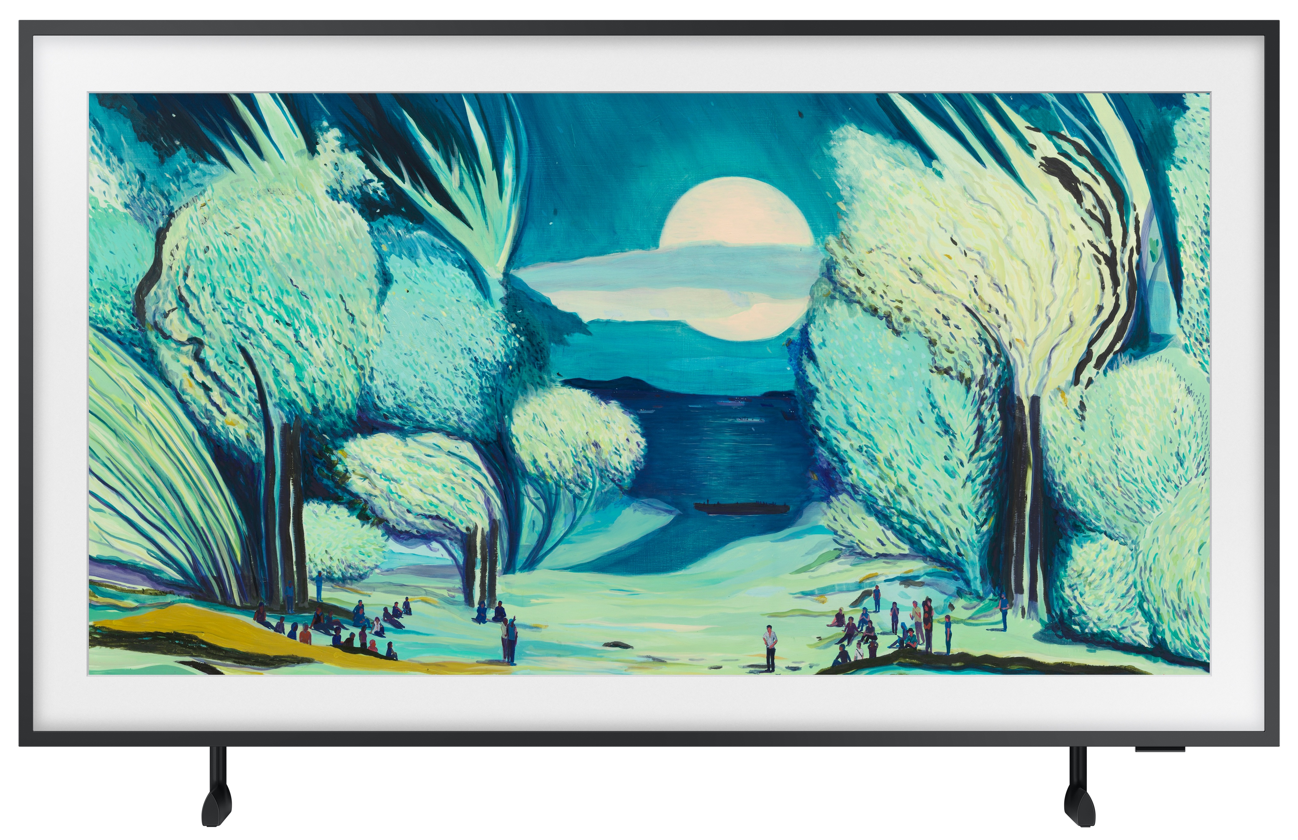 Telewizor wyświetla obraz drzew, postaci i księżyca na niebie.