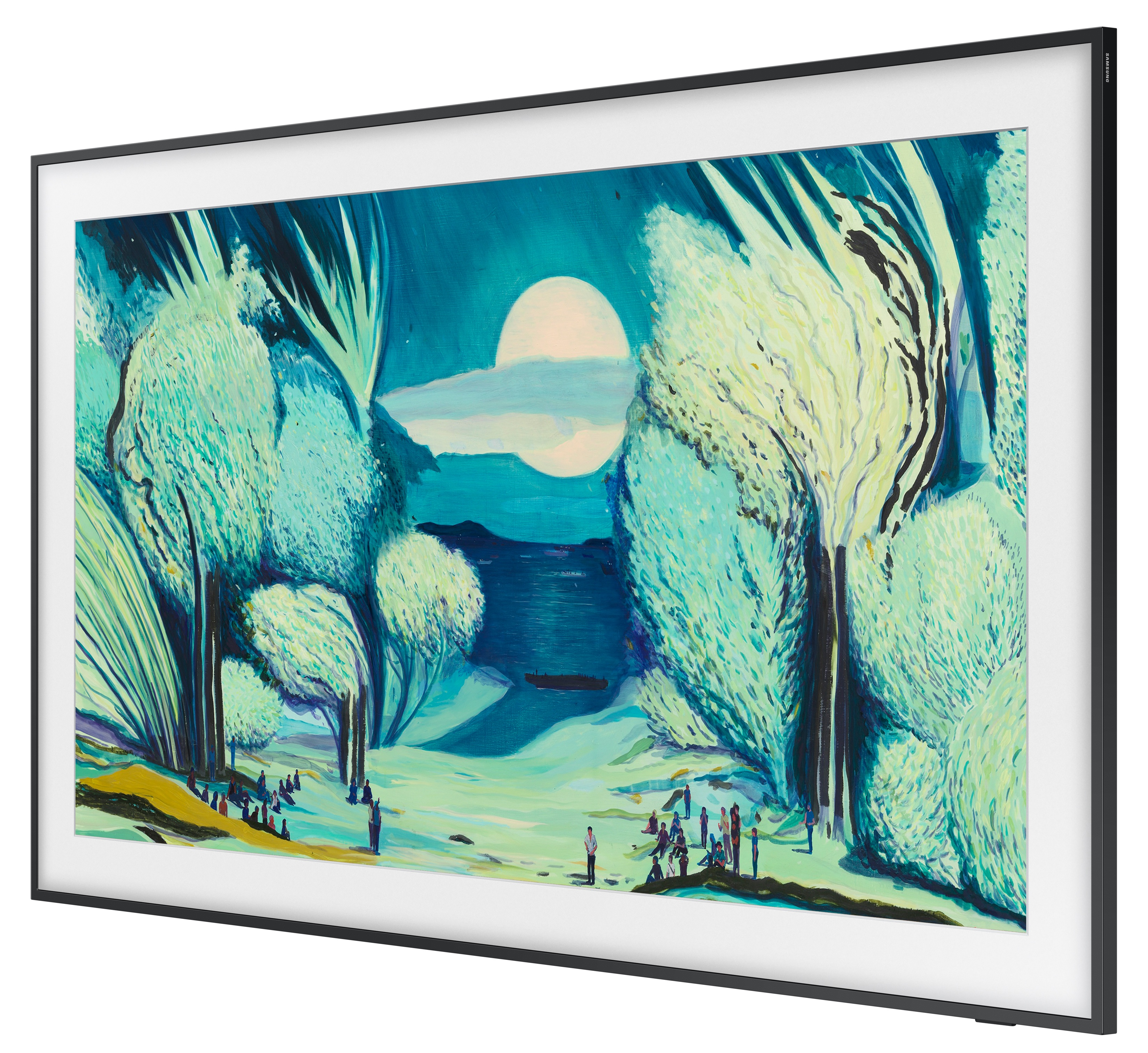 Telewizor wyświetla obraz drzew, postaci i księżyca na niebie.