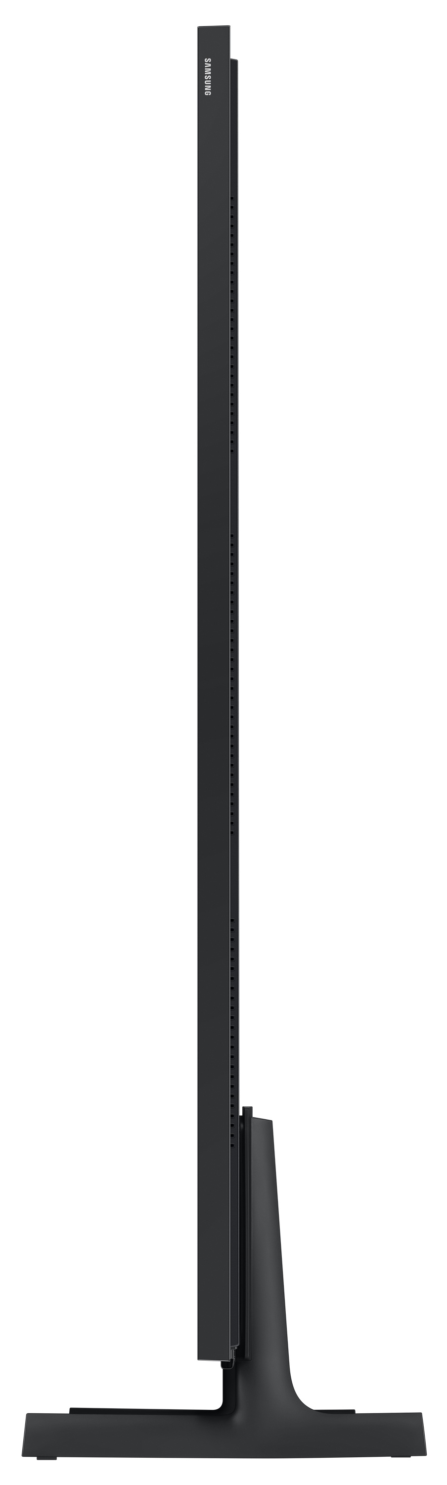 Czarny telewizor z boku, ze stojakiem i logo Samsung.