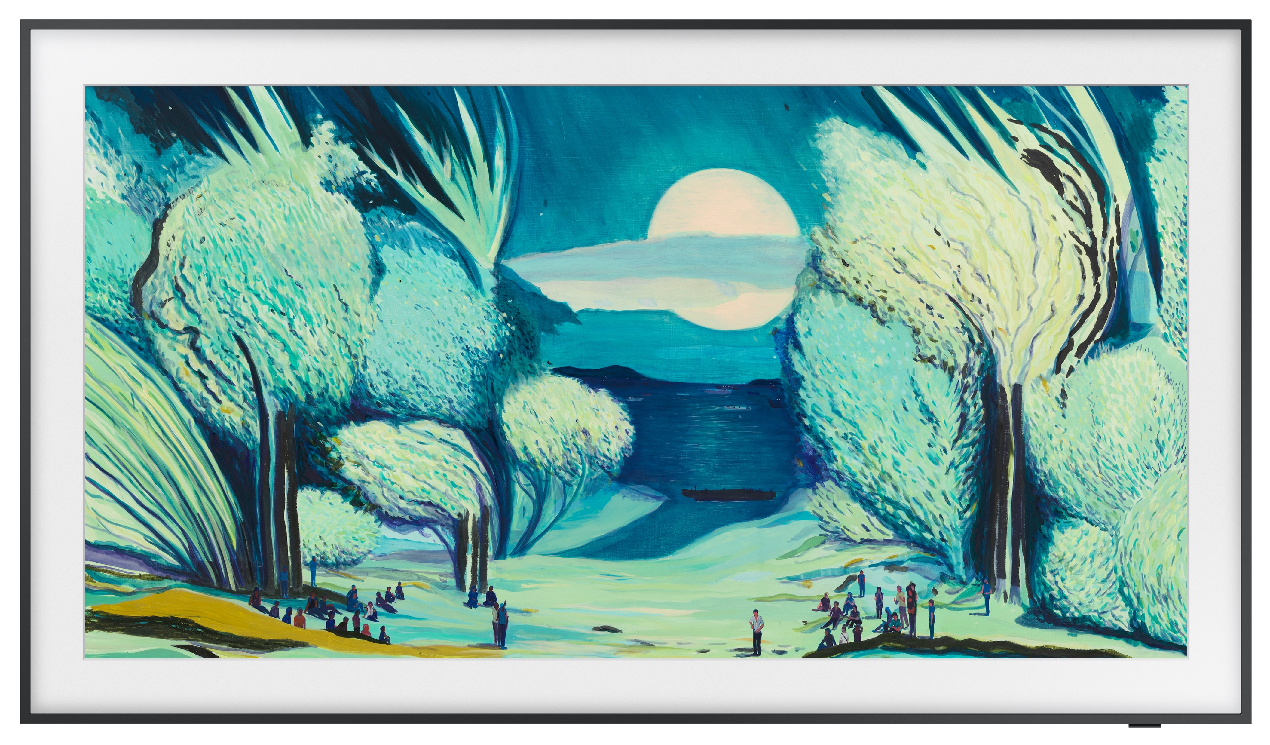 Telewizor wyświetla obraz drzew, postaci i księżyca na niebie.