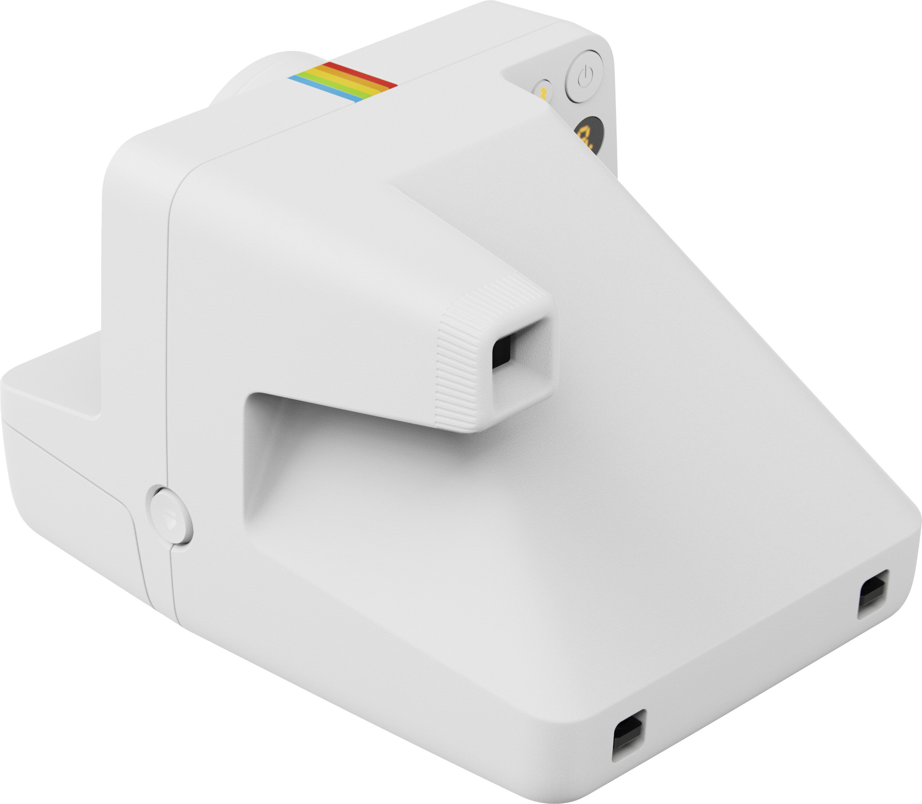 Biały aparat Polaroid, widok z góry, z tęczowym paskiem, przyciskiem i obiektywem.