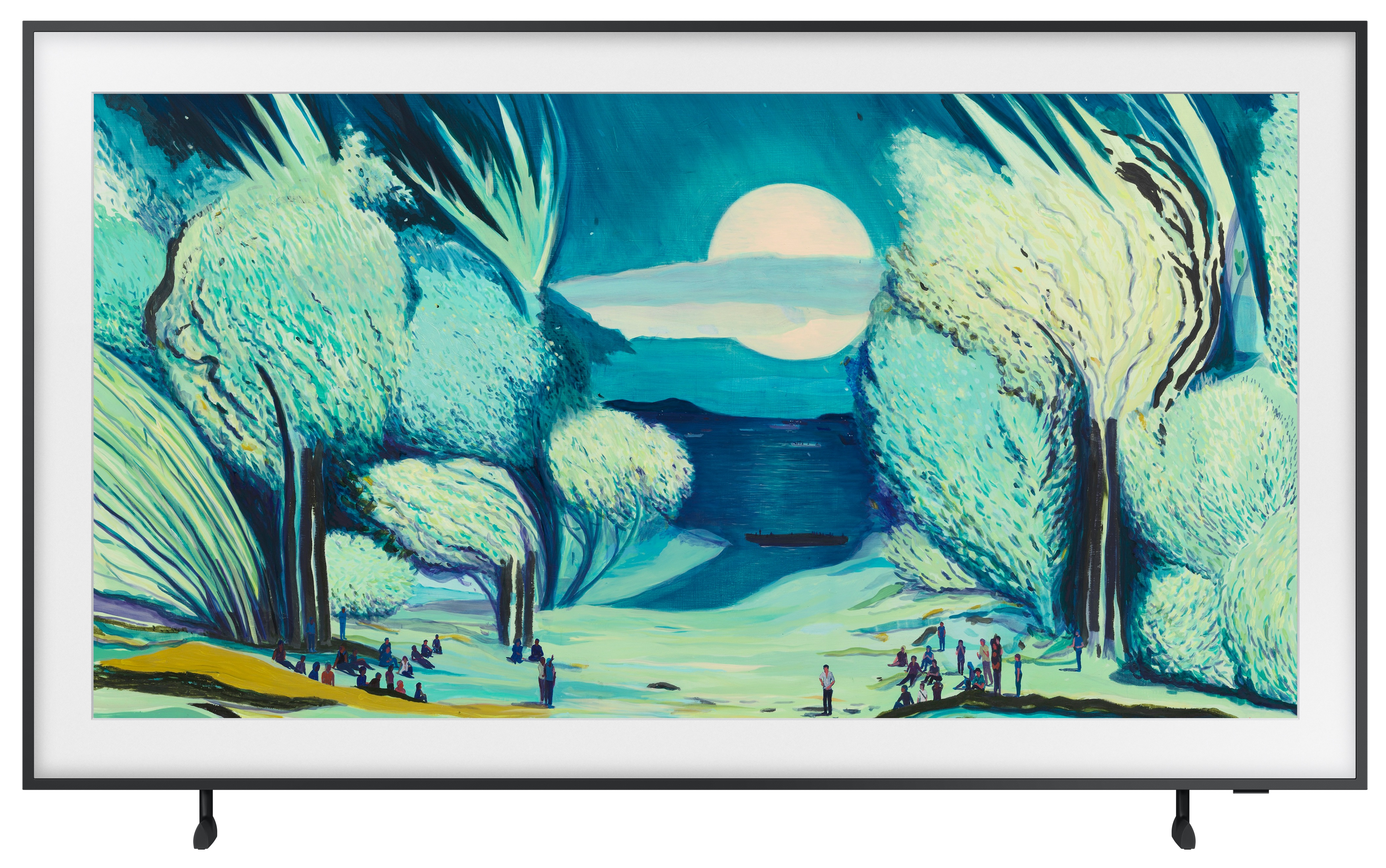 Telewizor z grafiką przedstawiającą krajobraz z drzewami i słońcem.