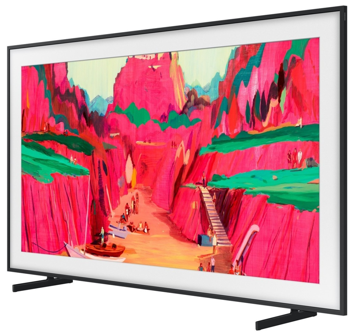 Telewizor wyświetlający czerwony, artystyczny obraz krajobrazu, z czarnymi nóżkami.