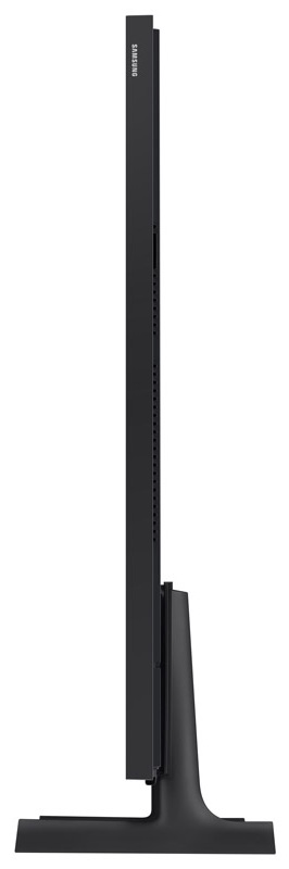 Telewizor Samsung z grafiką, z czarną ramą i dwoma podstawami.