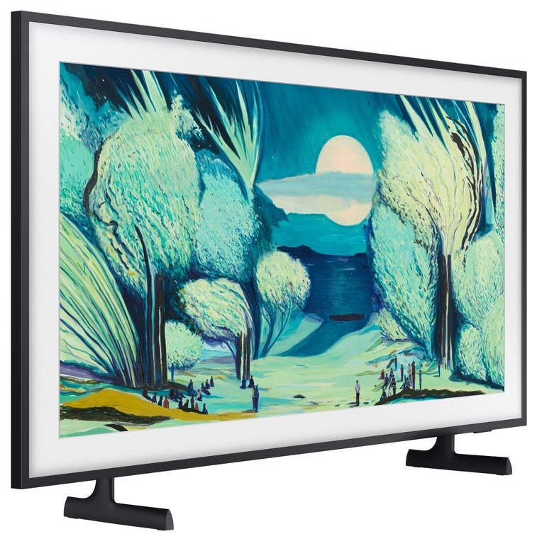 Telewizor wyświetlający grafikę z drzewami, księżycem i ludźmi na zewnątrz.