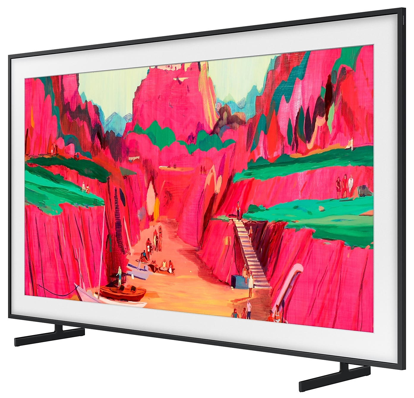 Telewizor wyświetlający grafikę krajobrazu nadmorskiego.