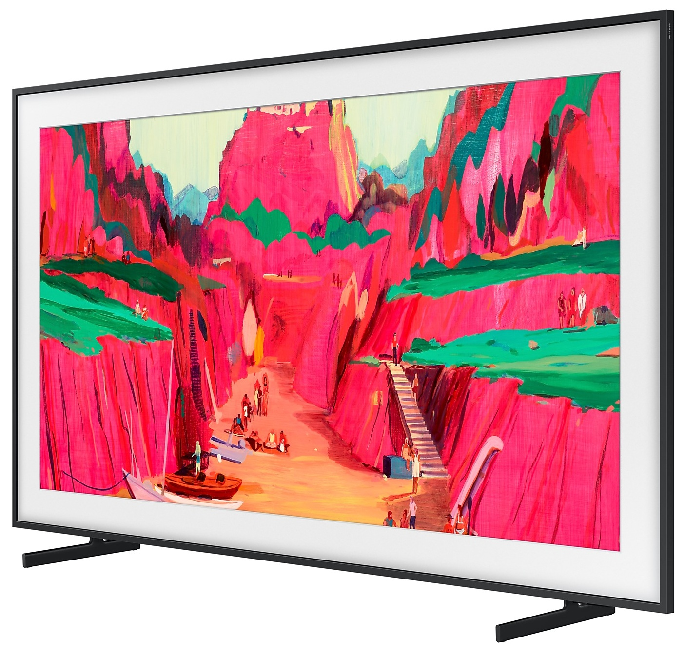 Telewizor wyświetlający grafikę krajobrazu nadmorskiego.