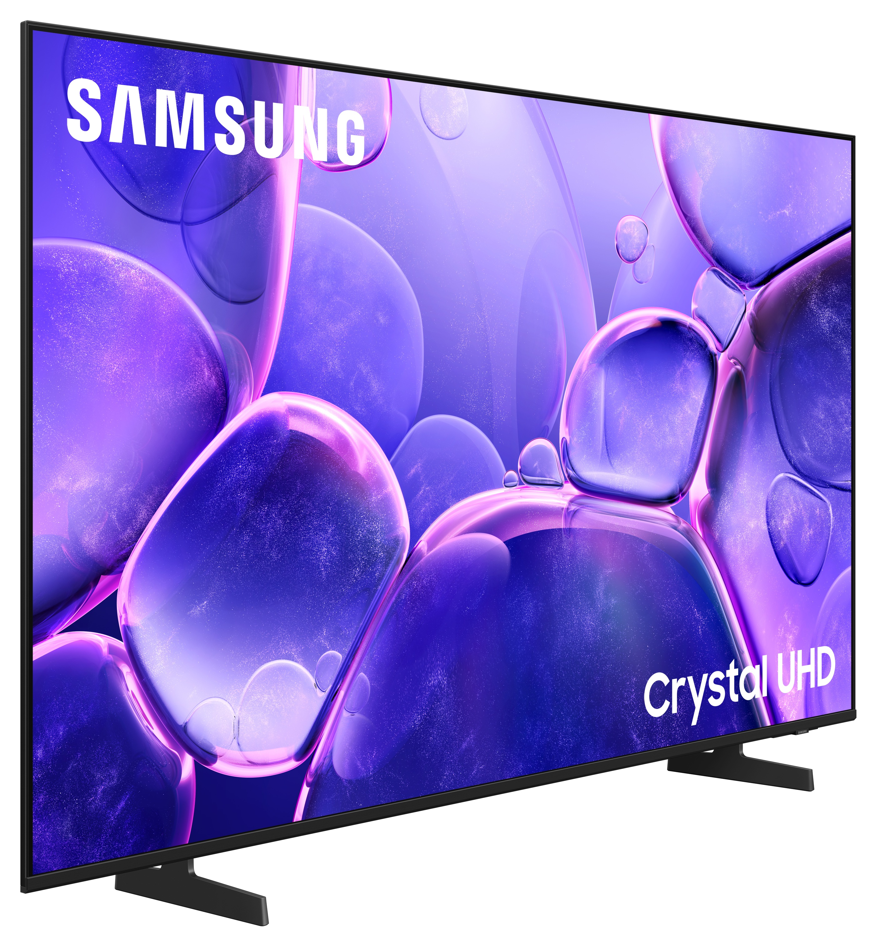 Telewizor z fioletowym tłem, widziany z lekkiego kąta.