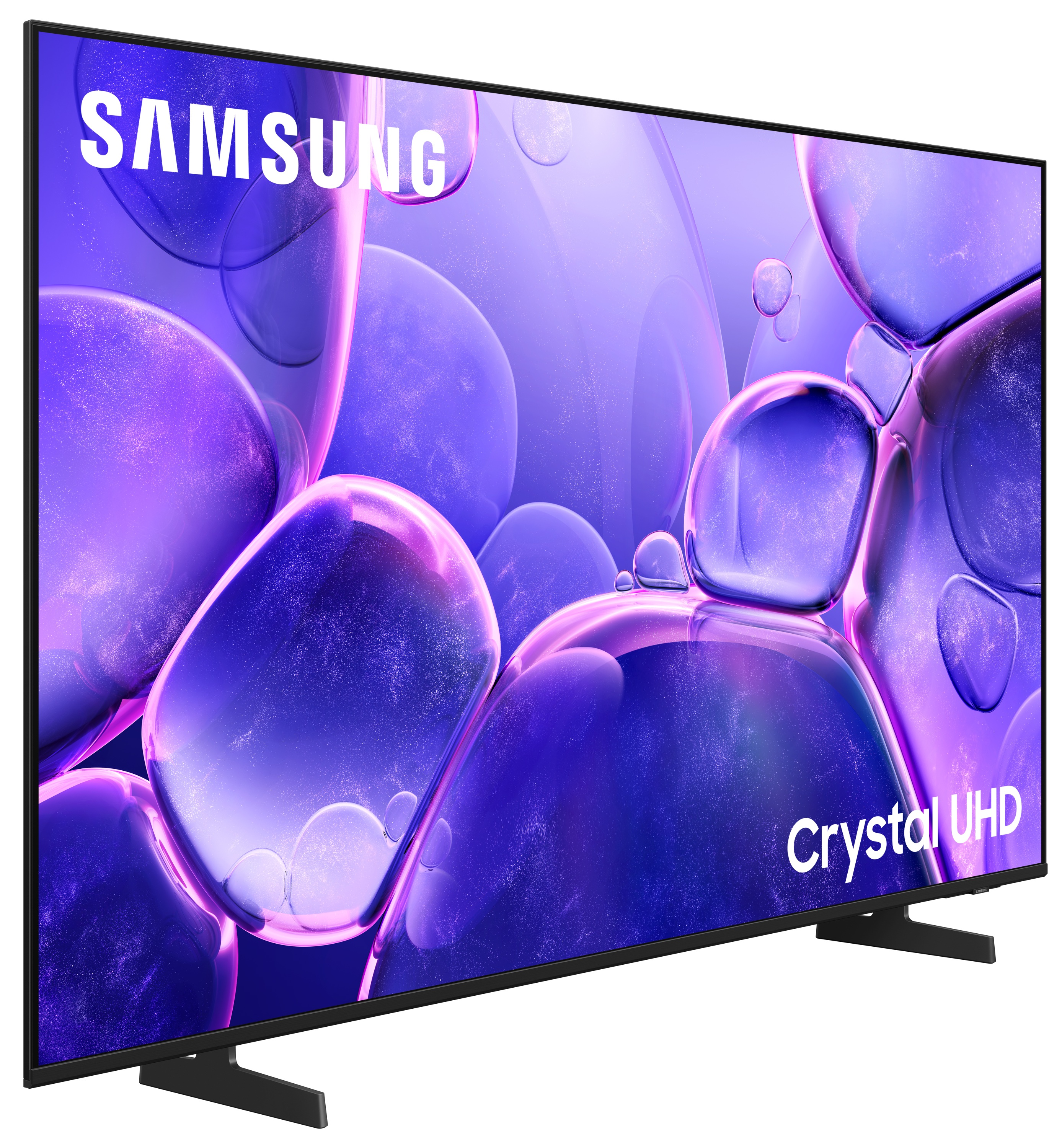 Widok z boku telewizora Samsung z fioletowymi i niebieskimi bąbelkami na ekranie, na czarnym stojaku.