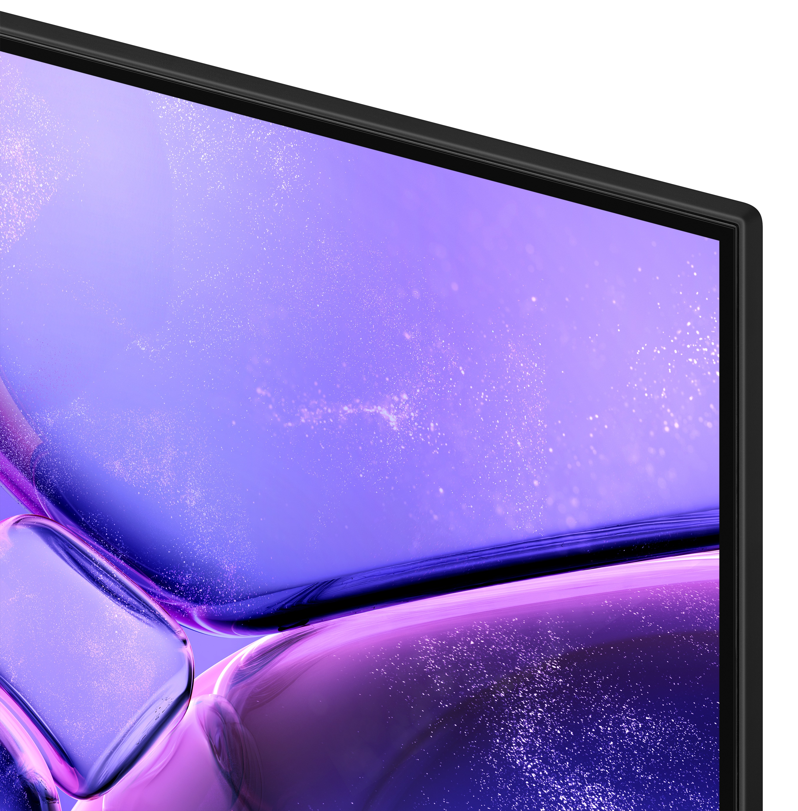 Zbliżenie ekranu telewizora z fioletowymi i białymi wirami. Widoczna czarna ramka.