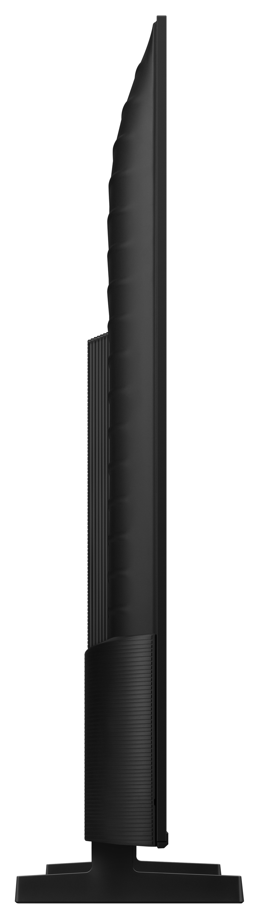 Widok z boku czarnego telewizora o smukłej konstrukcji i prostokątnej podstawie.