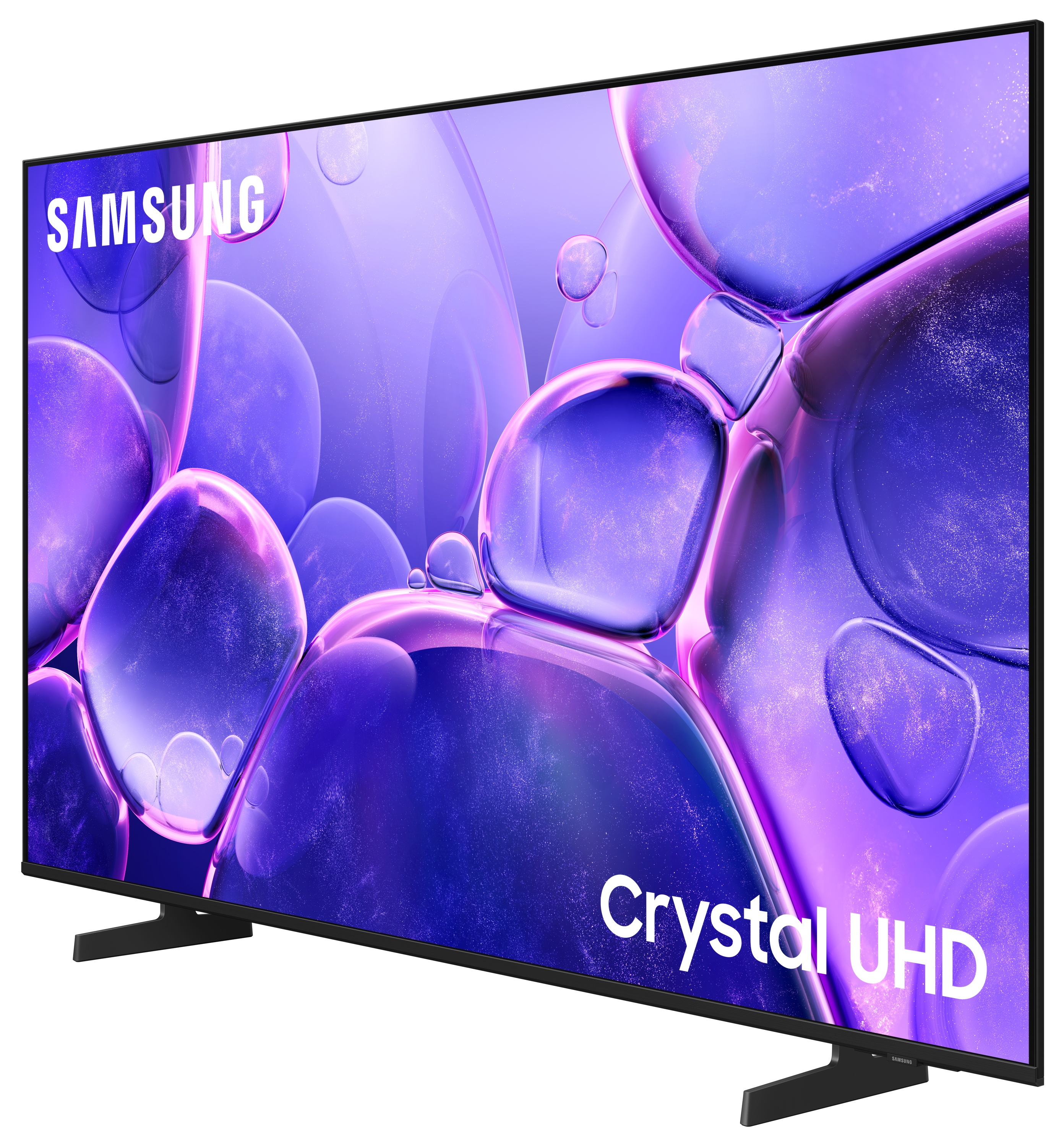 Zbliżenie ekranu telewizora z fioletowymi i białymi wirami. Widoczna czarna ramka.