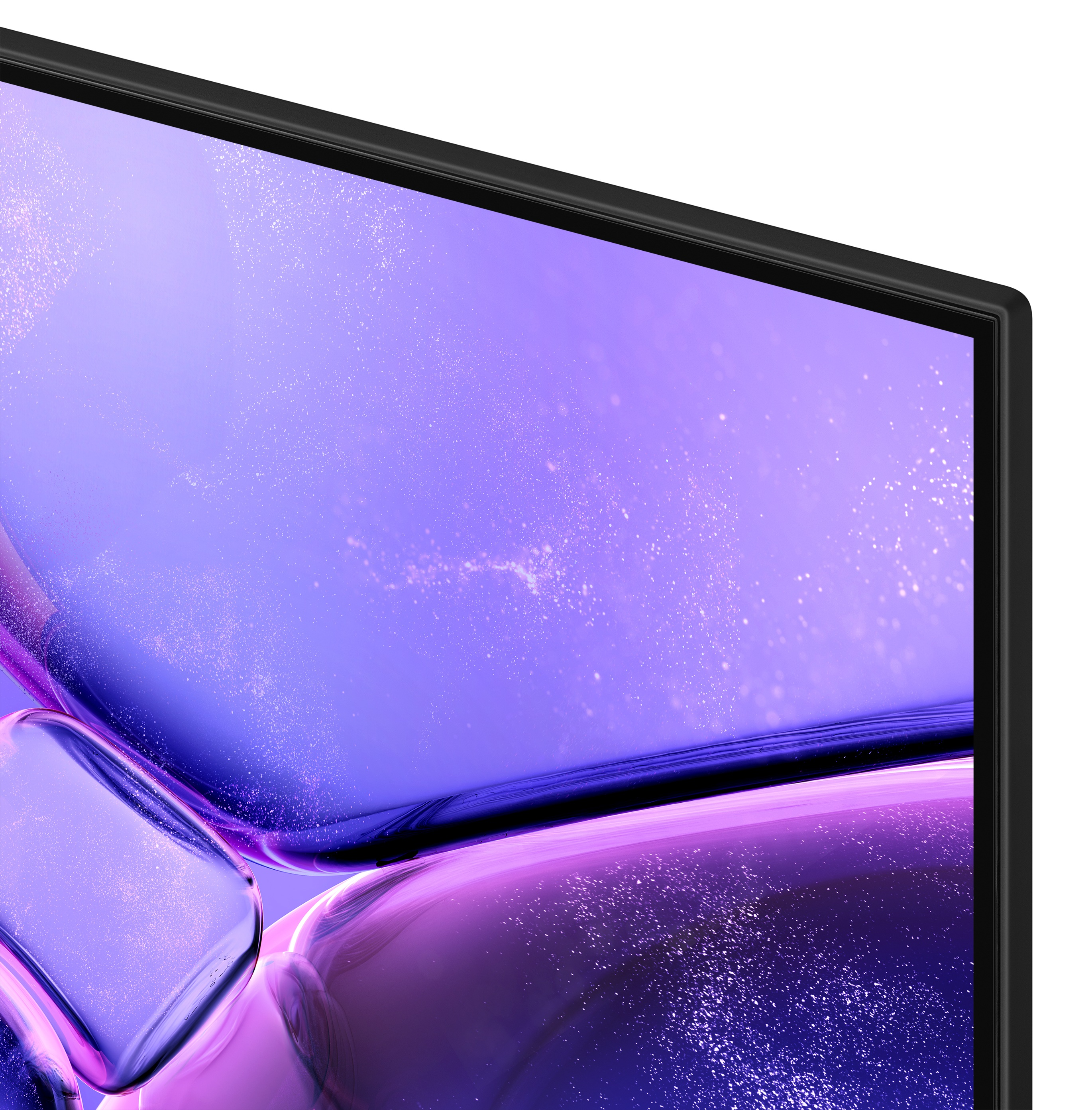 Widok z boku czarnego telewizora o smukłej konstrukcji i prostokątnej podstawie.