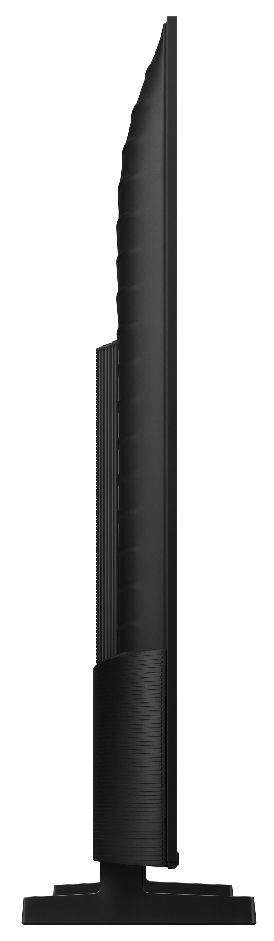 Widok z boku czarnego telewizora na stojaku.