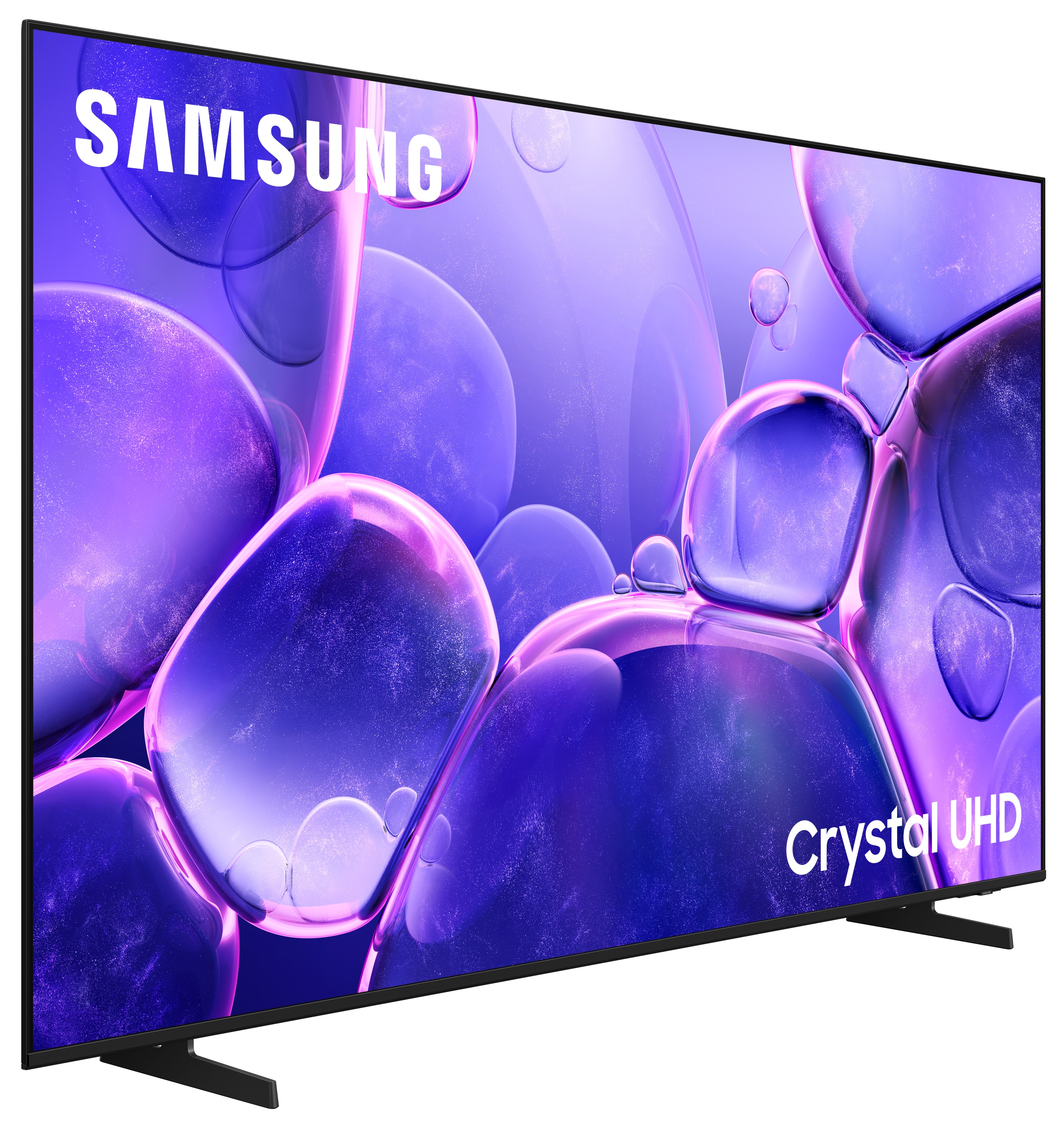 Telewizor Samsung z fioletowym tłem z bąbelkami. "Crystal UHD" jest napisane na dole po prawej.