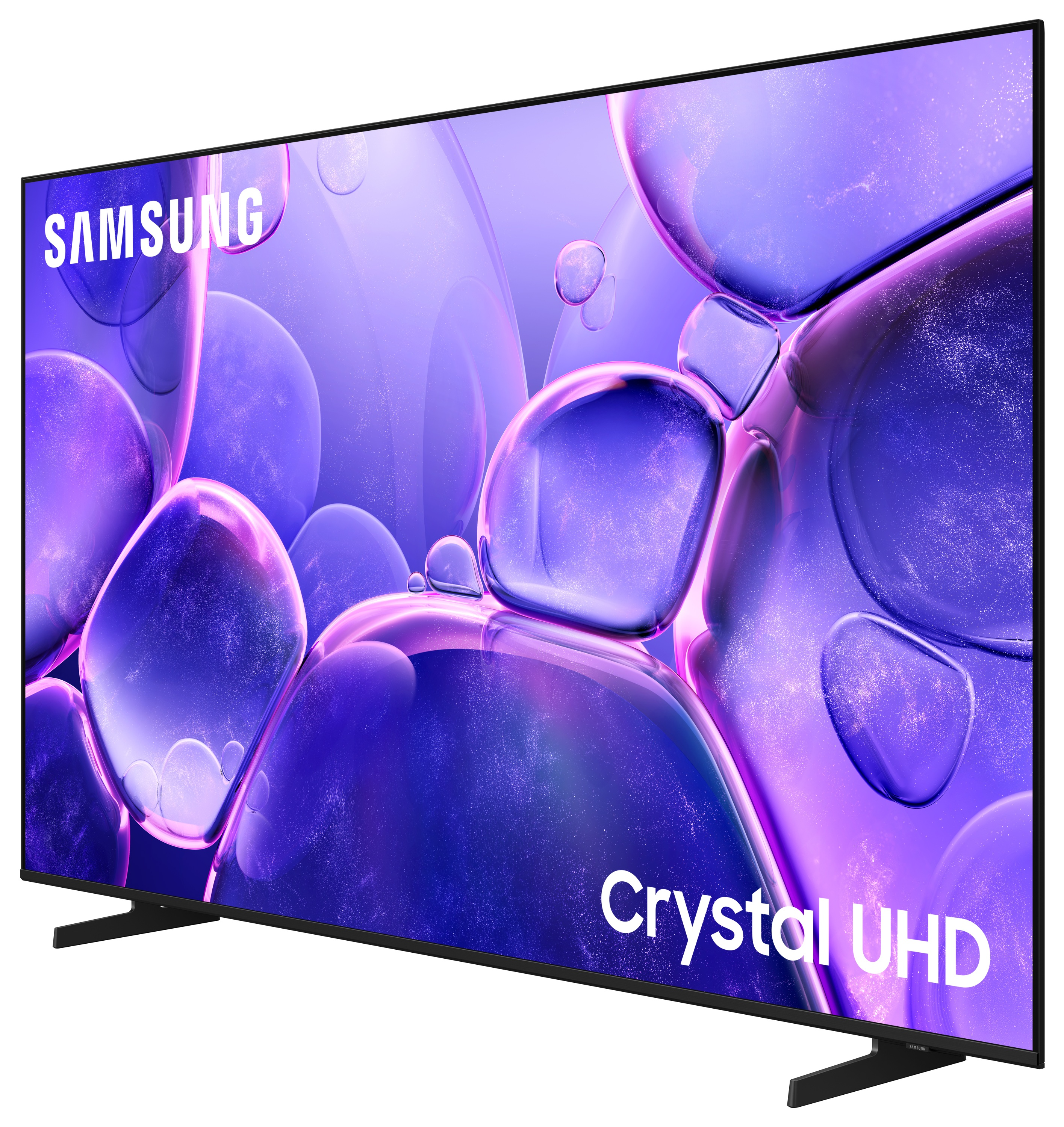 Telewizor Samsung z fioletowym tłem z bąbelkami. "Crystal UHD" jest napisane na dole po prawej.